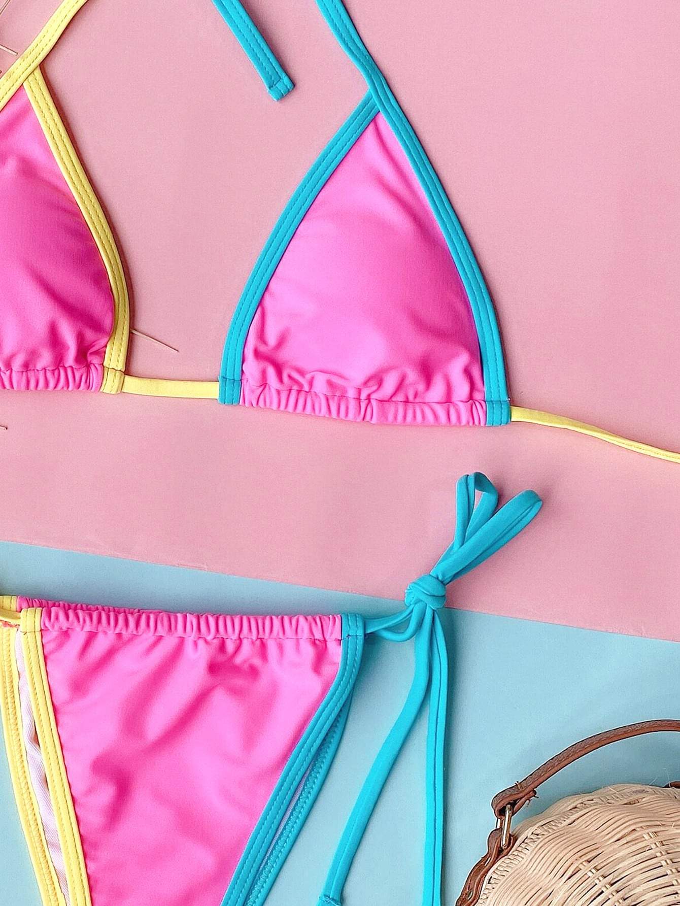 Contrast Binding Triangle Halter Tie Side Bikini Swimwear
