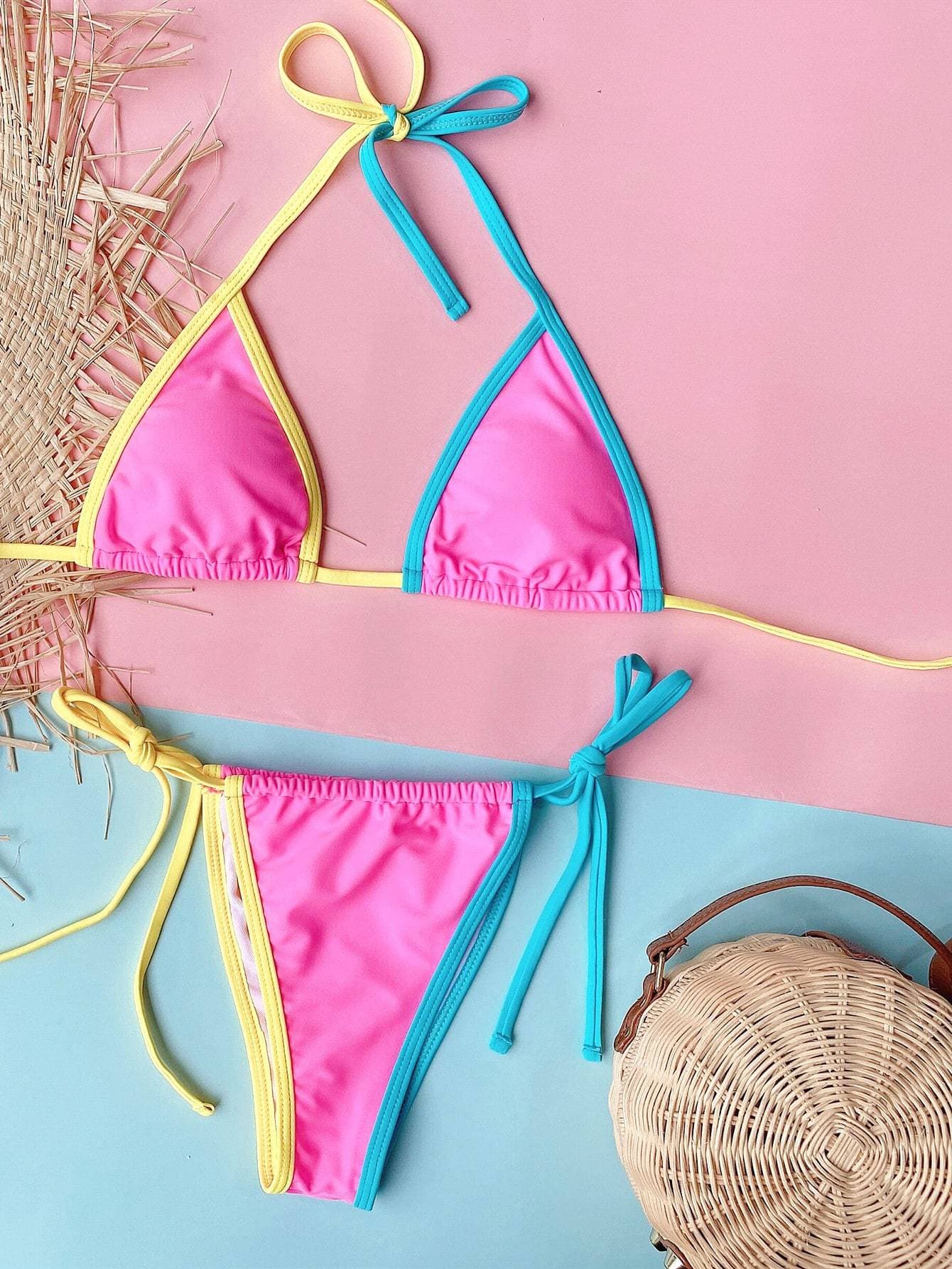 Contrast Binding Triangle Halter Tie Side Bikini Swimwear