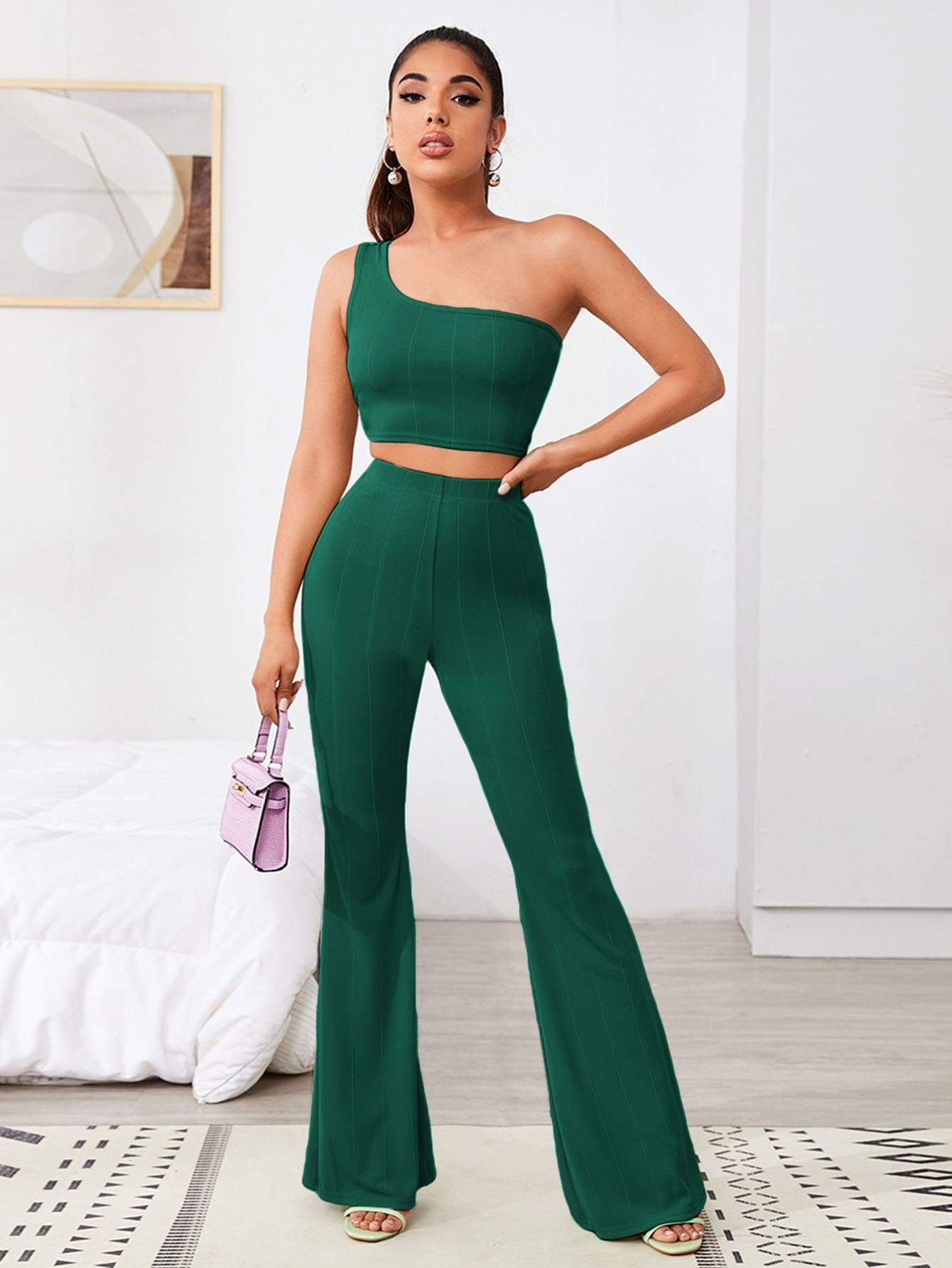 Ribbed One-Shoulder Sleeveless Crop Top and Flare Trousers Set