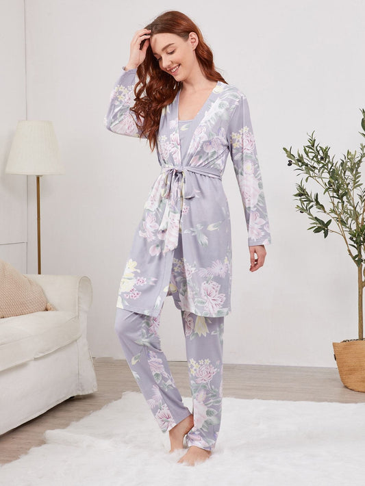 Allover Floral Print Self Tie Pyjama Sleepwear Set with Robe