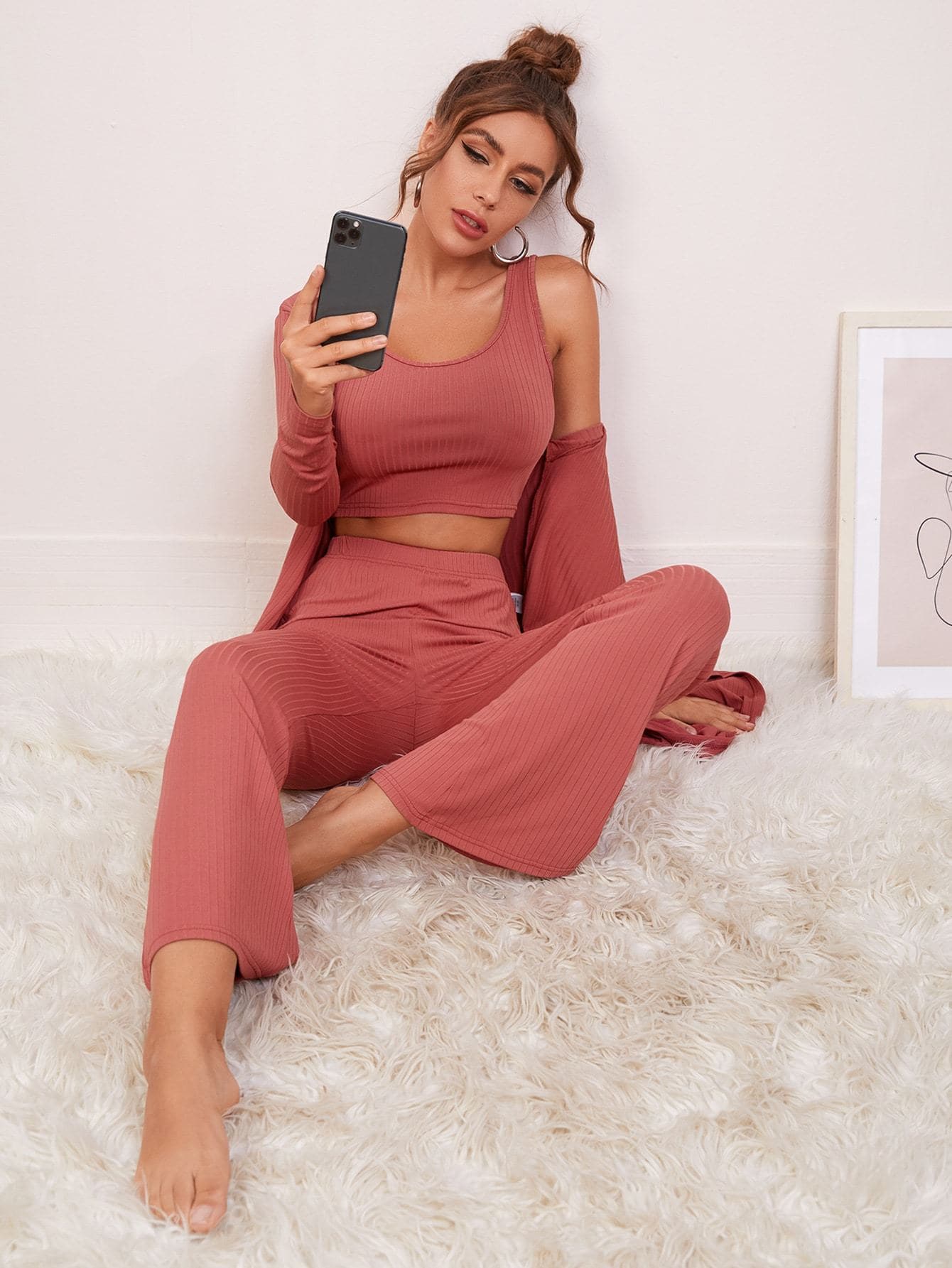 3 Pack Rusty Rose Solid Robe Lounge Sleepwear Set