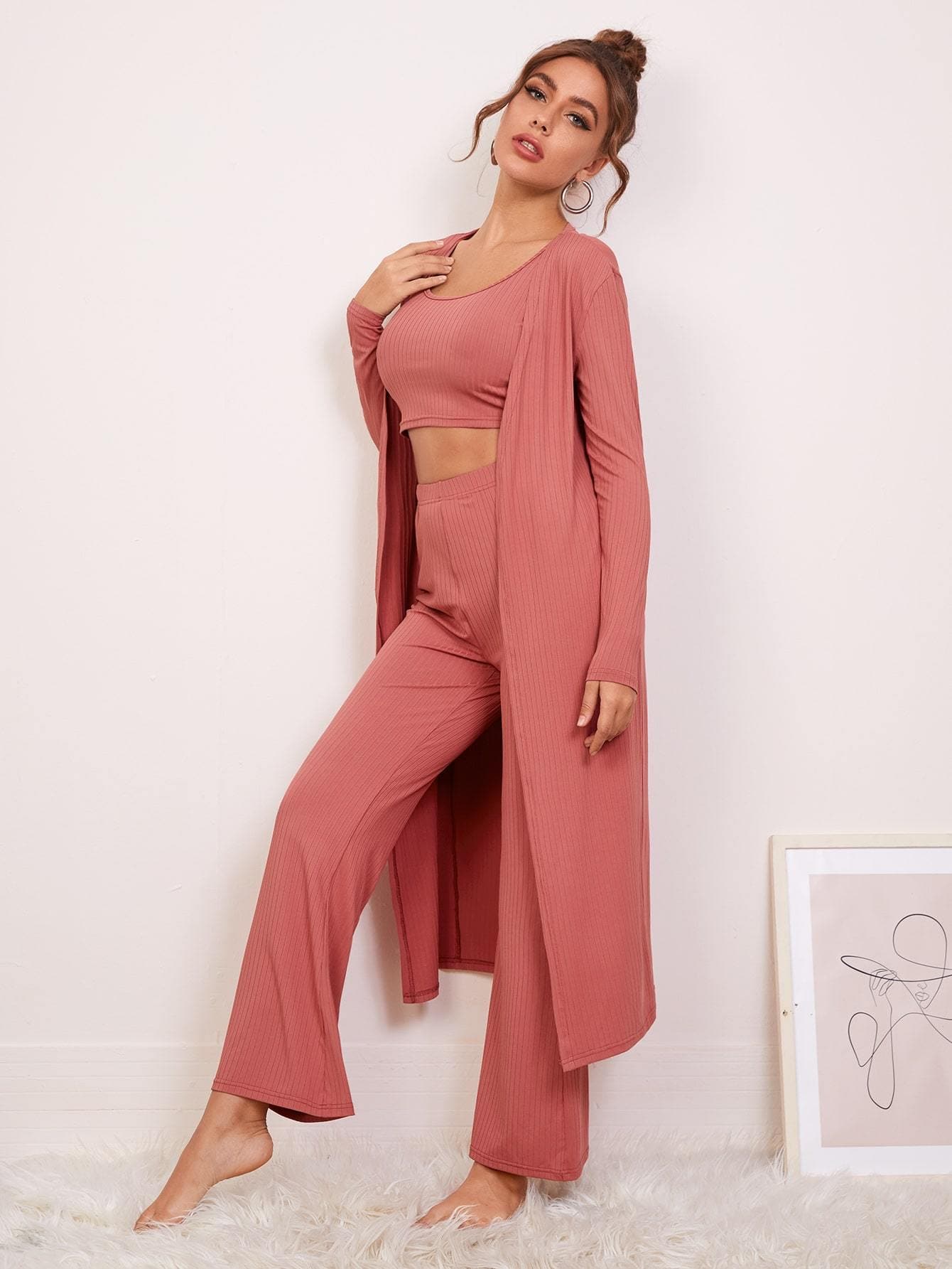 3 Pack Rusty Rose Solid Robe Lounge Sleepwear Set