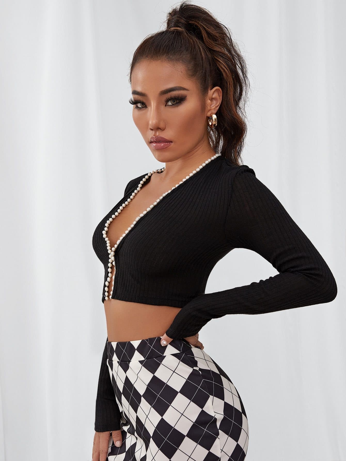 Deep V-Neck Pearls Beaded Slim Fit Crop Top