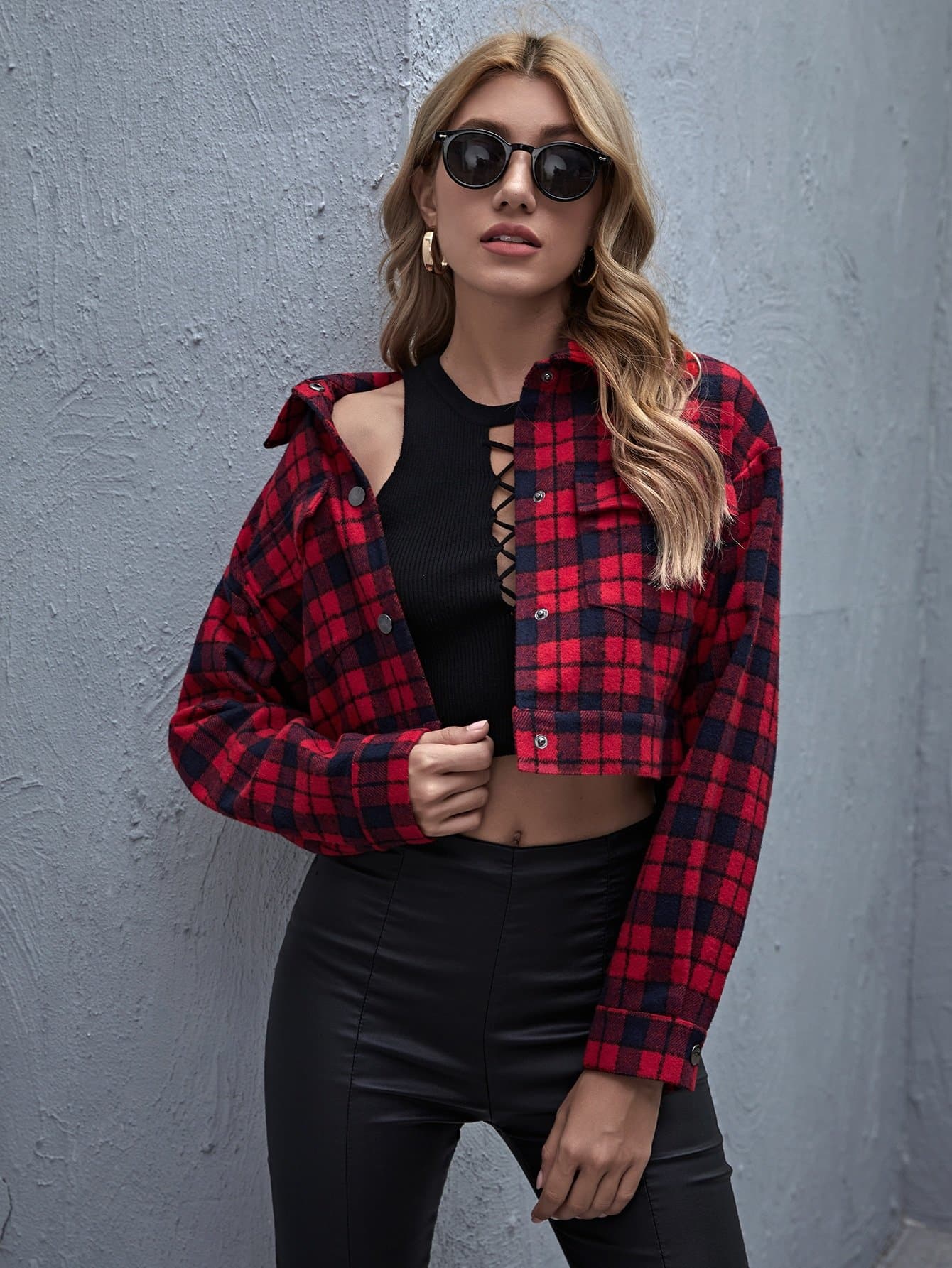 Single Breasted Drop Shoulder Collared Press Buttoned Flap Pocket Front Plaid Jacket