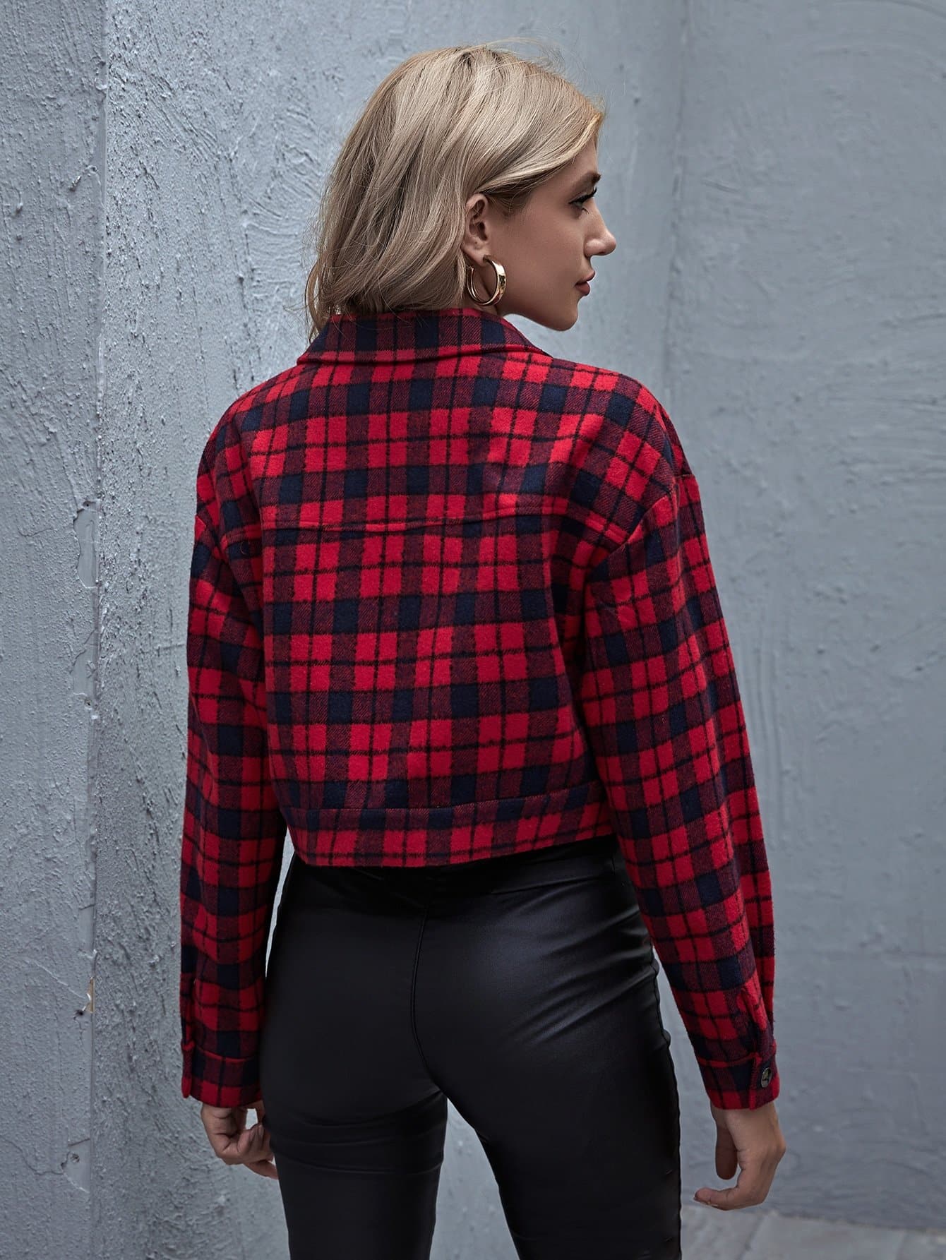 Single Breasted Drop Shoulder Collared Press Buttoned Flap Pocket Front Plaid Jacket
