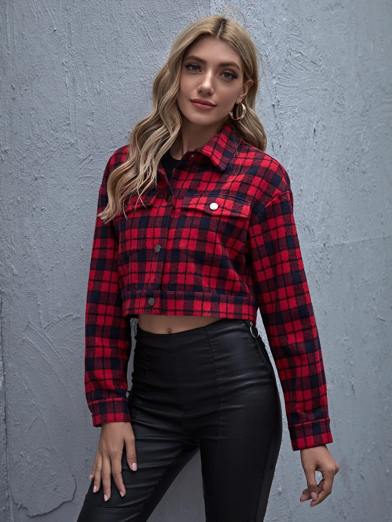 Single Breasted Drop Shoulder Collared Press Buttoned Flap Pocket Front Plaid Jacket