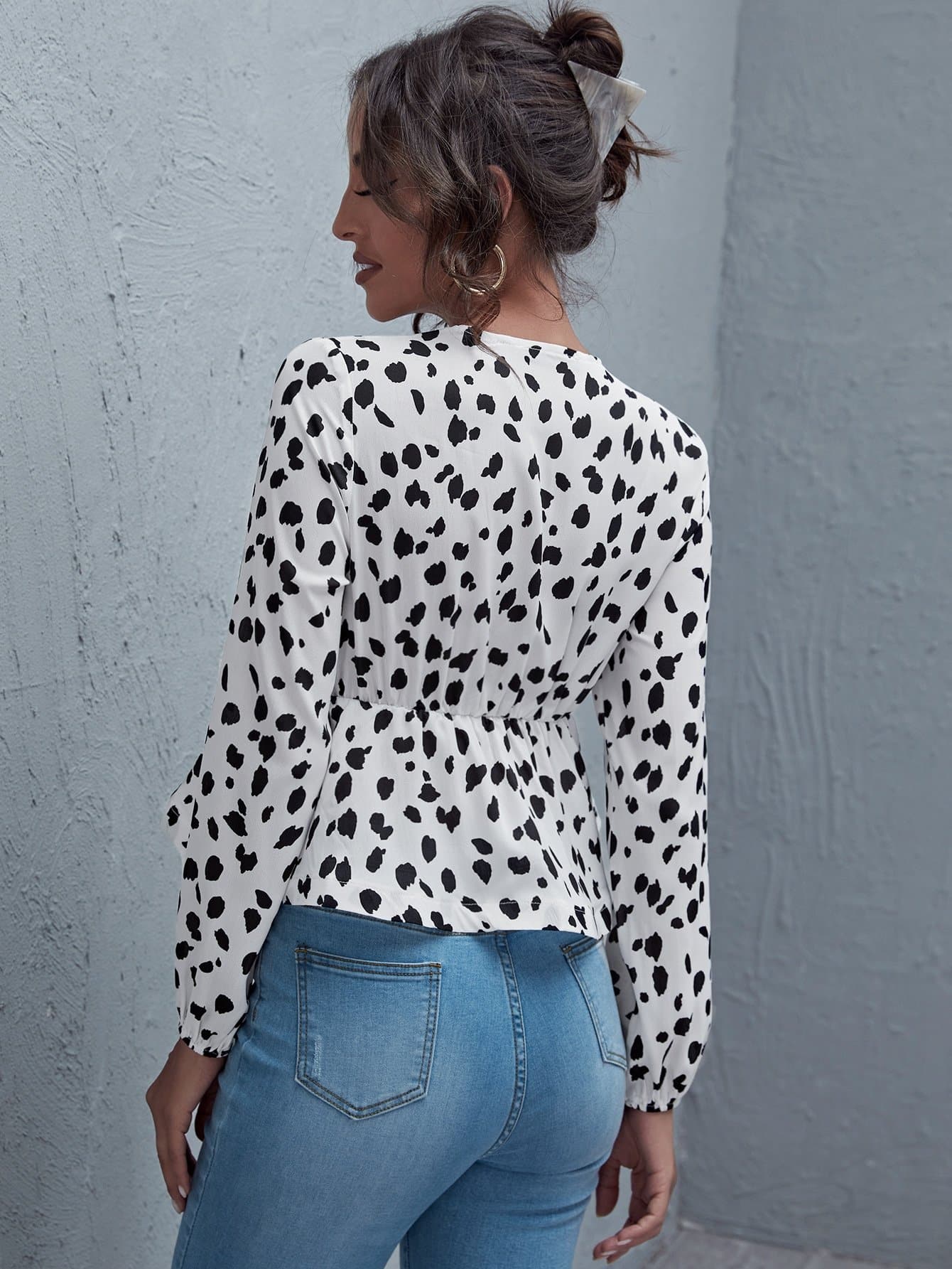 White Deep V-Neck Dalmatian Print Tie Front Peplum Top