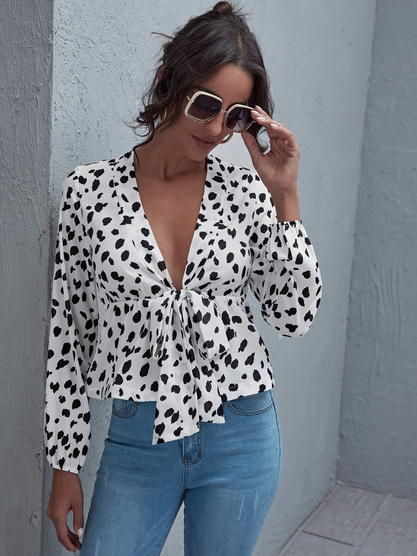 White Deep V-Neck Dalmatian Print Tie Front Peplum Top