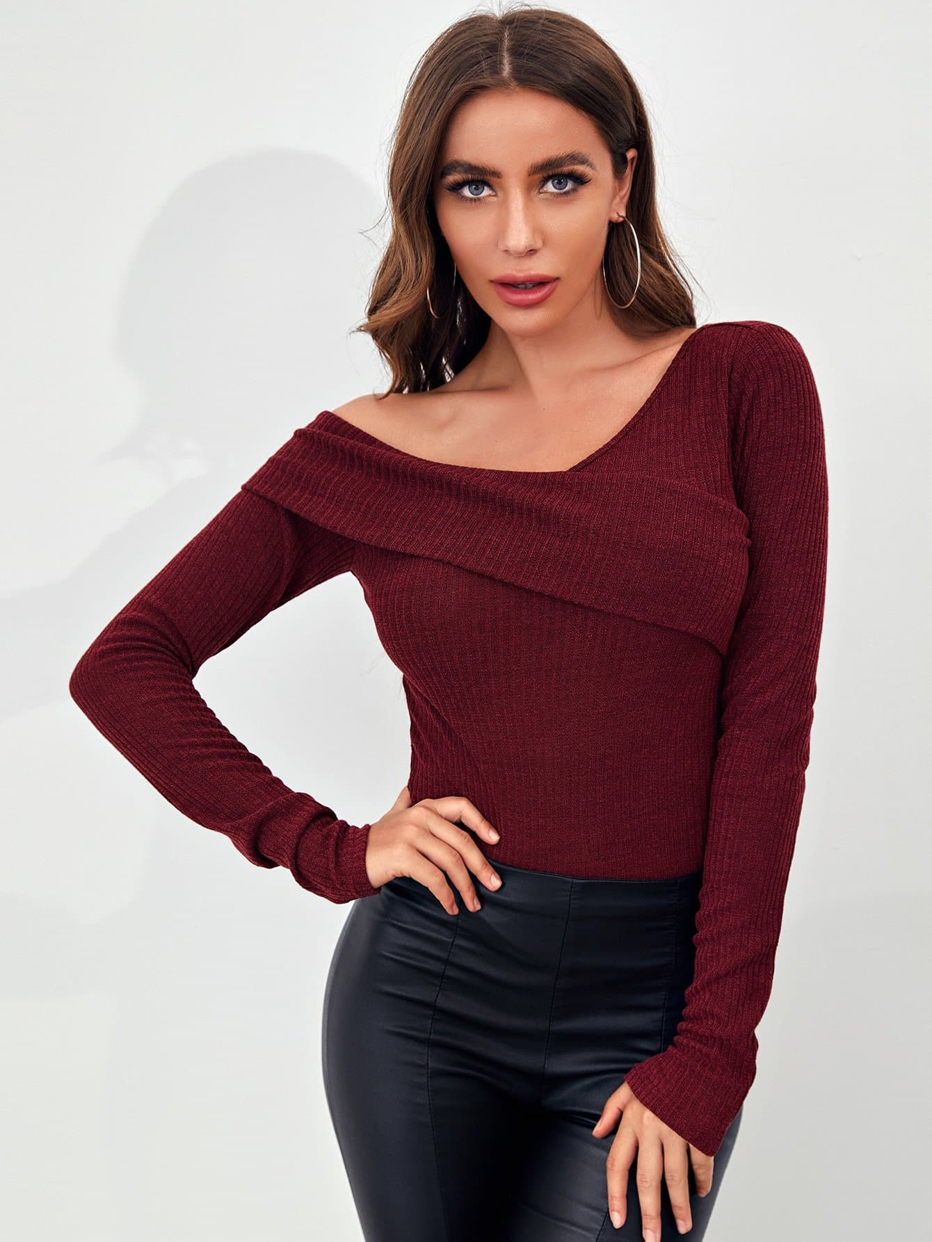Foldover Asymmetrical Neck Rib-knit Slim Fit Top