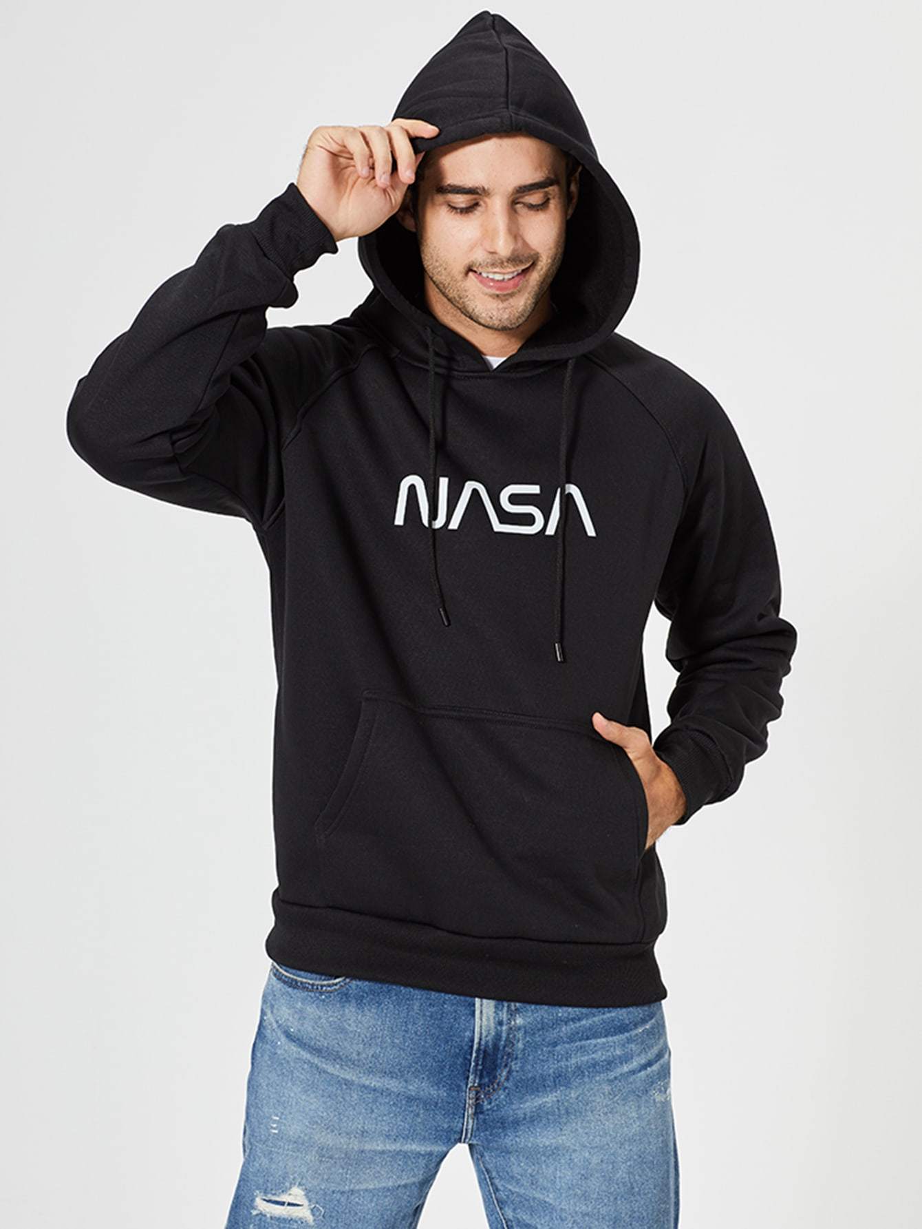 Black Letter Graphic Drawstring Hoodie