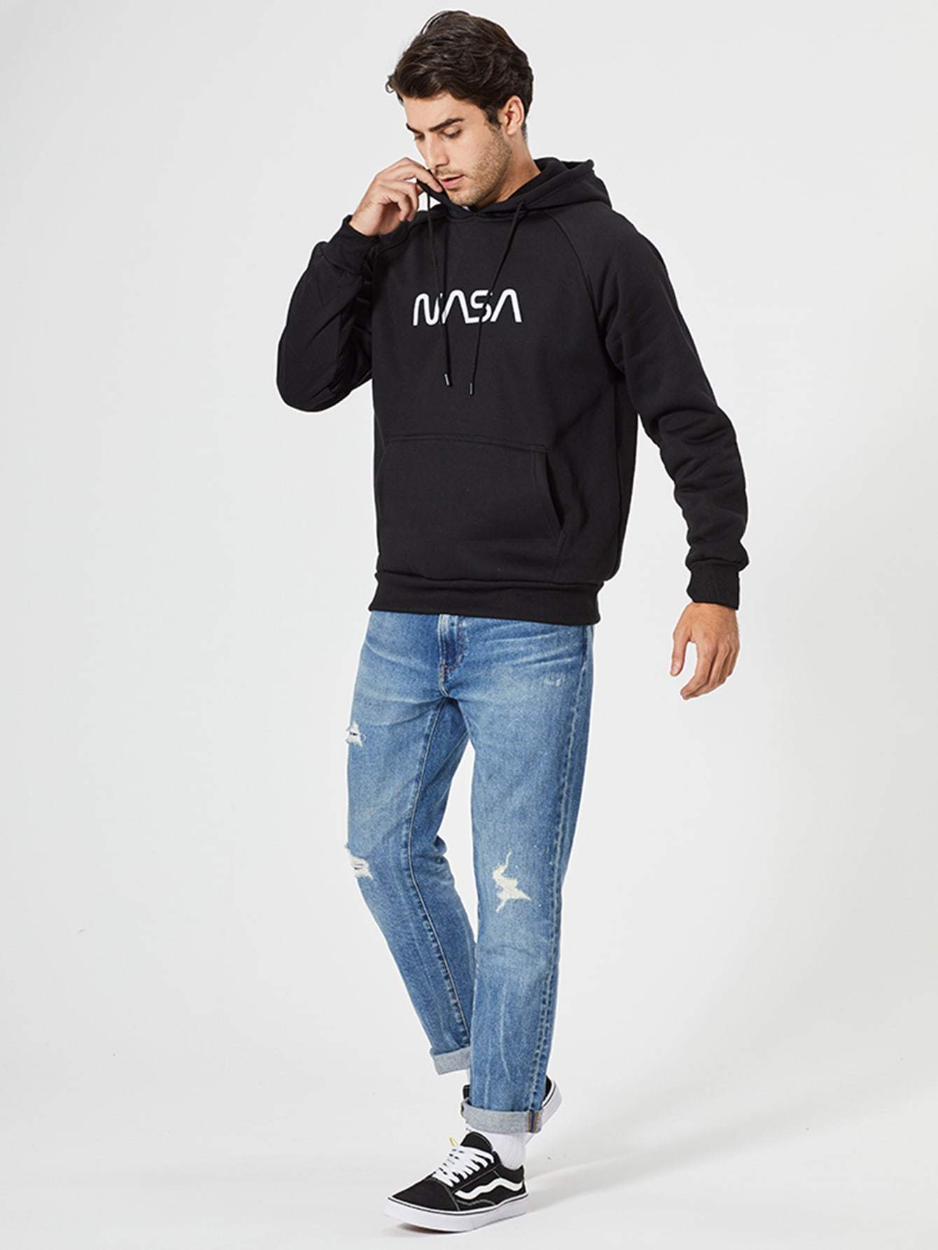 Black Letter Graphic Drawstring Hoodie