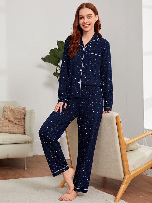 Contrast Binding Button Front Galaxy Print Pyjama Sleepwear Set