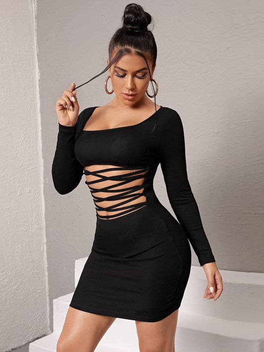 Black Square Neck Cutout Crisscross Front Slim Fit Mini Dress