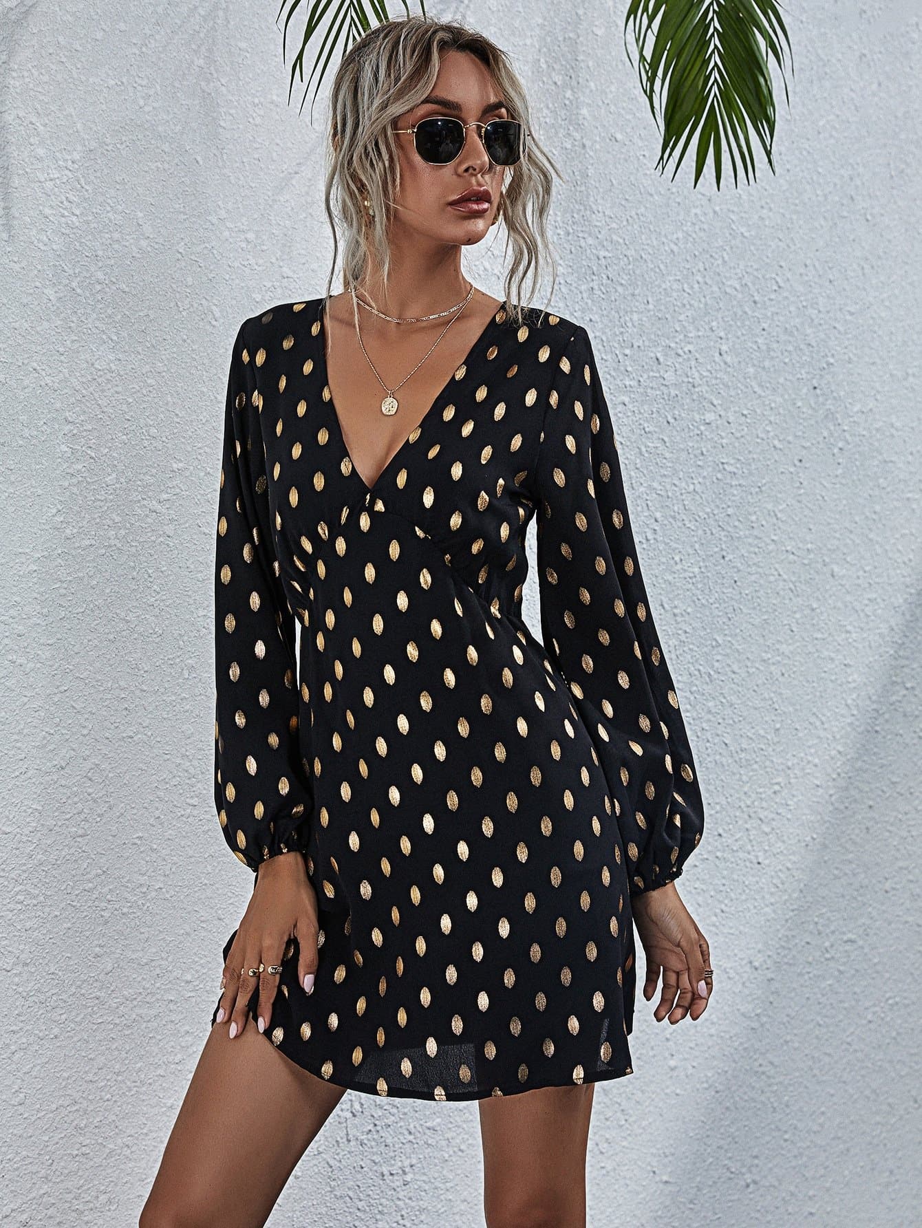 Metallic Polka Dot V-Neck High Waist Dress