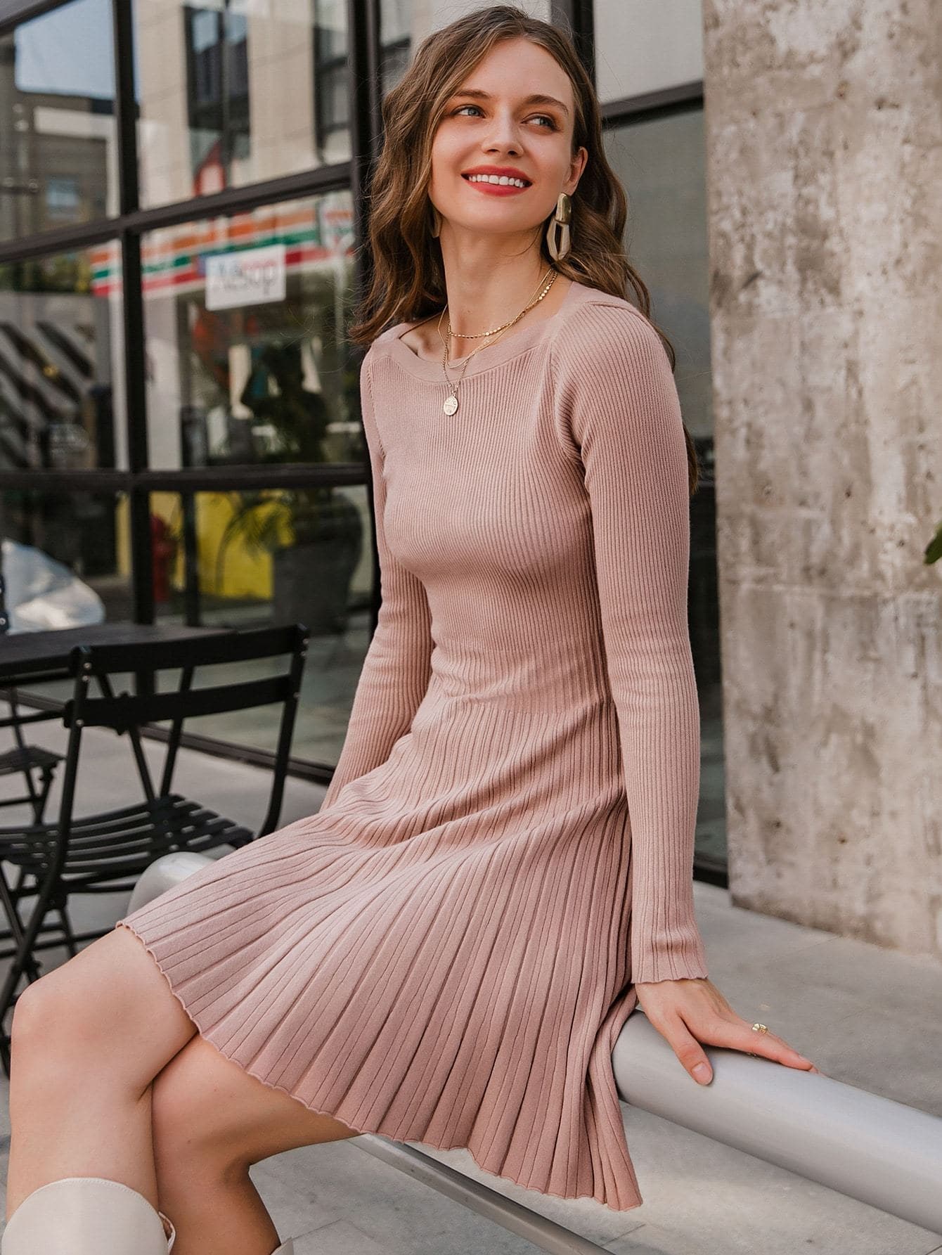Dusty Pink Boat Neck Ribbed Knit Sweater Dress