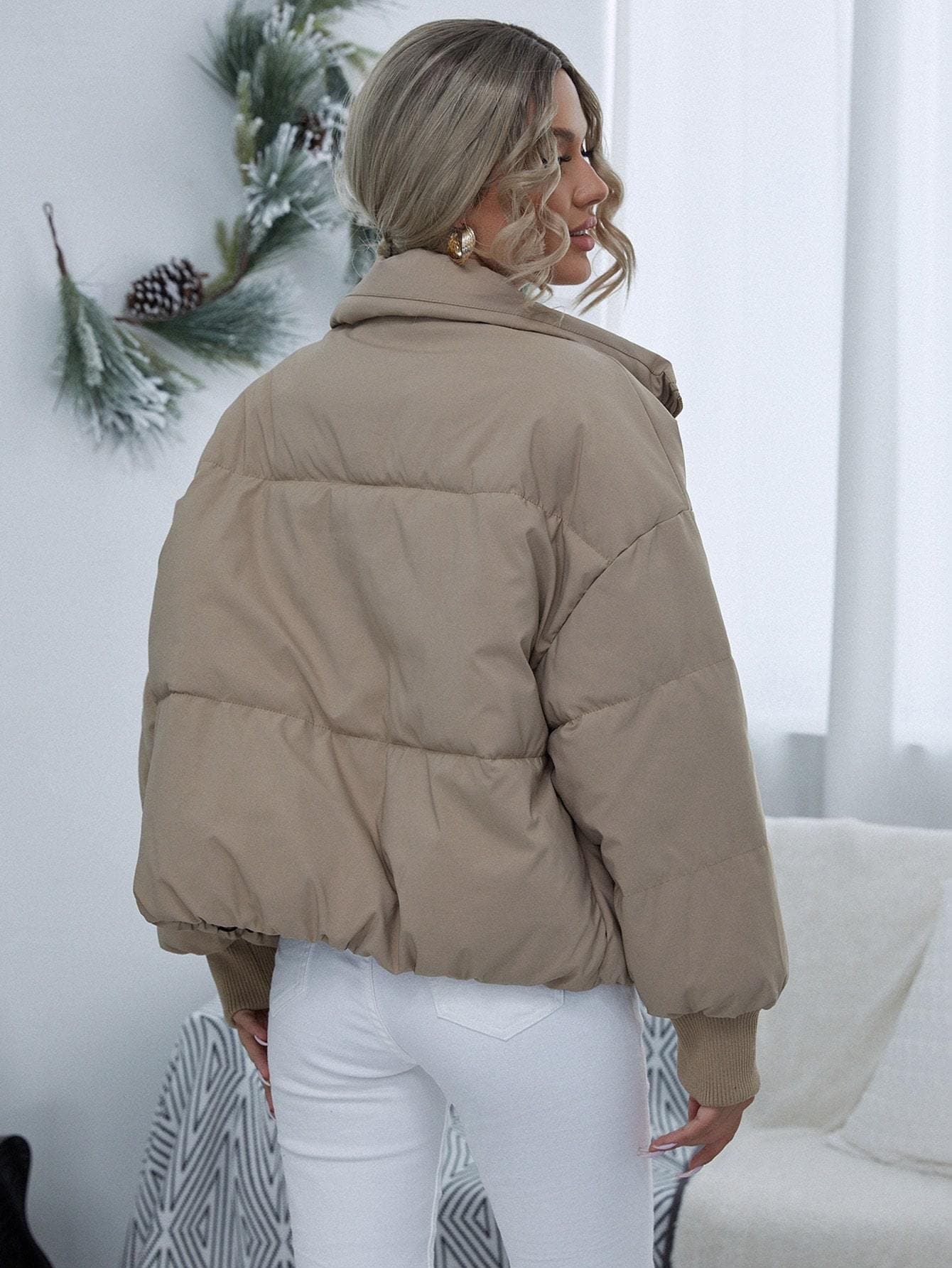 Funnel Neck Drop Shoulder Zip Up Padded Jacket