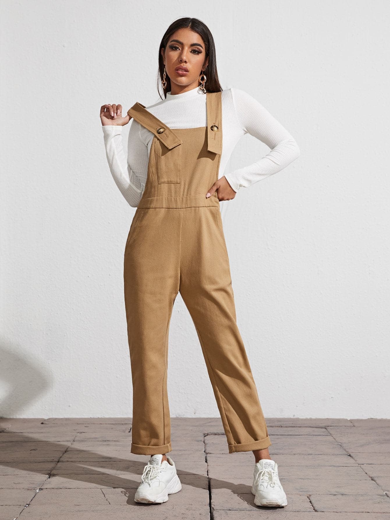 Sleeveless Patch Pocket Solid High Waist Overalls Jumpsuit