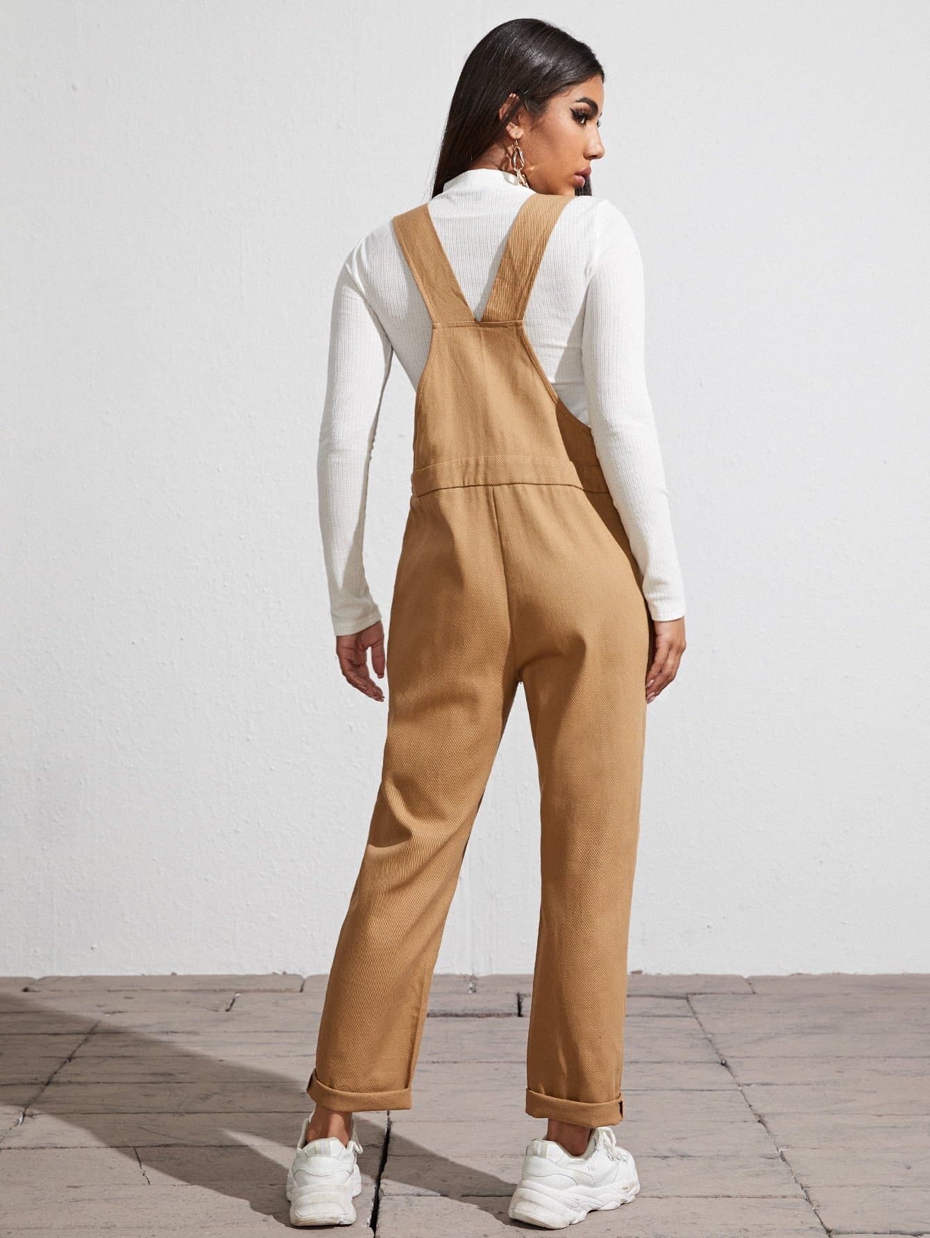 Sleeveless Patch Pocket Solid High Waist Overalls Jumpsuit