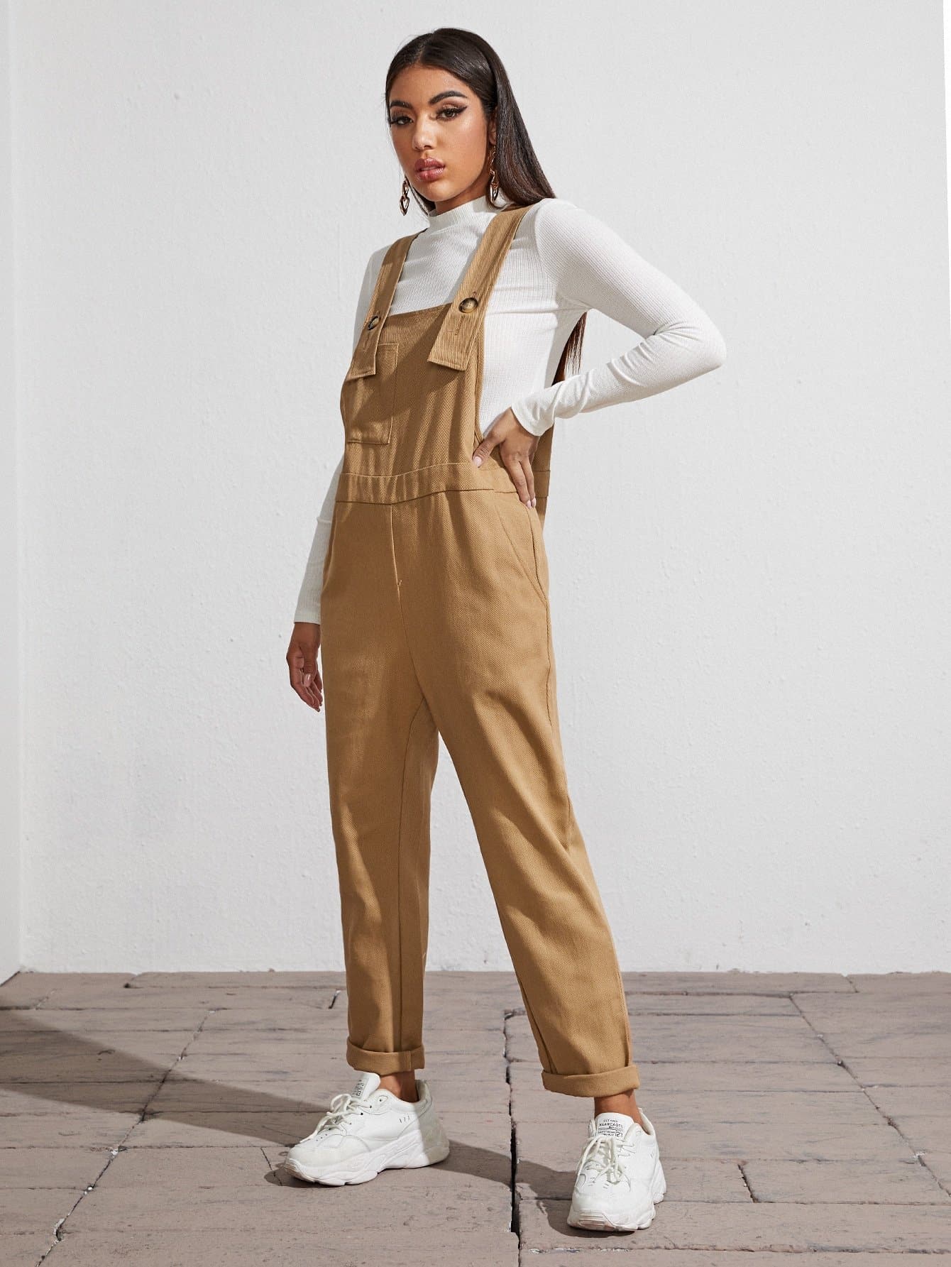 Sleeveless Patch Pocket Solid High Waist Overalls Jumpsuit