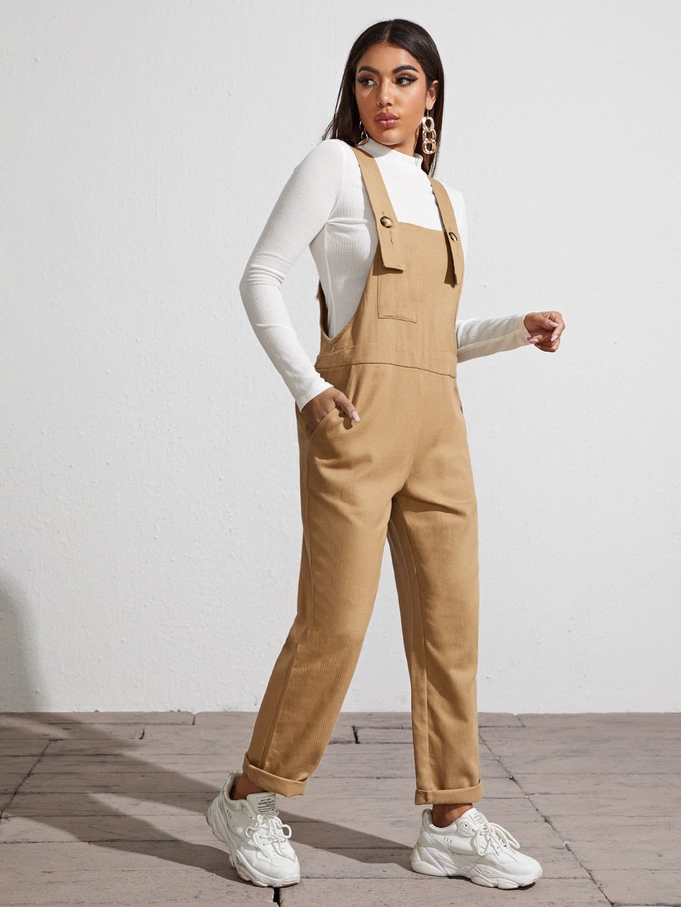 Sleeveless Patch Pocket Solid High Waist Overalls Jumpsuit