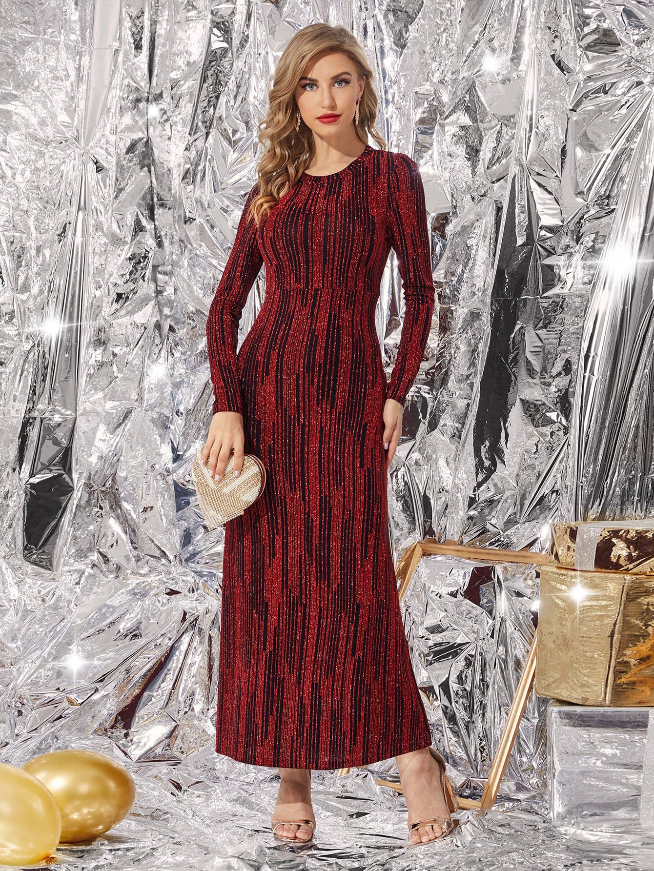 Burgundy Round Neck Glitter Contrast High Waist Sequin Slim Fit Dress