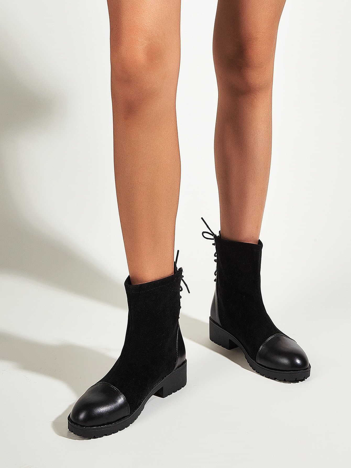 Black Round Toe Lace-Up Mid Heel Ankle Boots