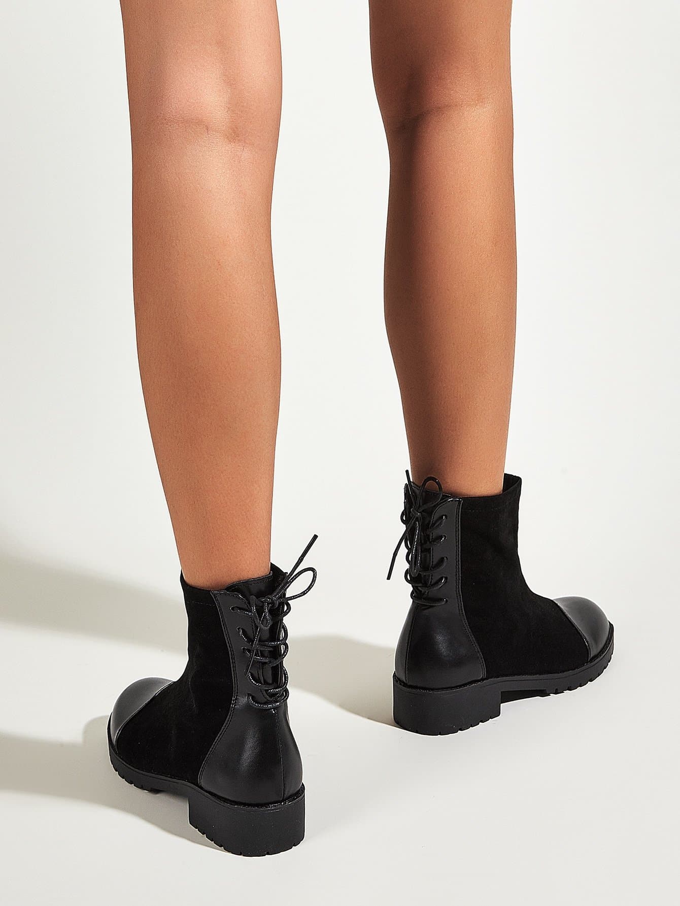 Black Round Toe Lace-Up Mid Heel Ankle Boots