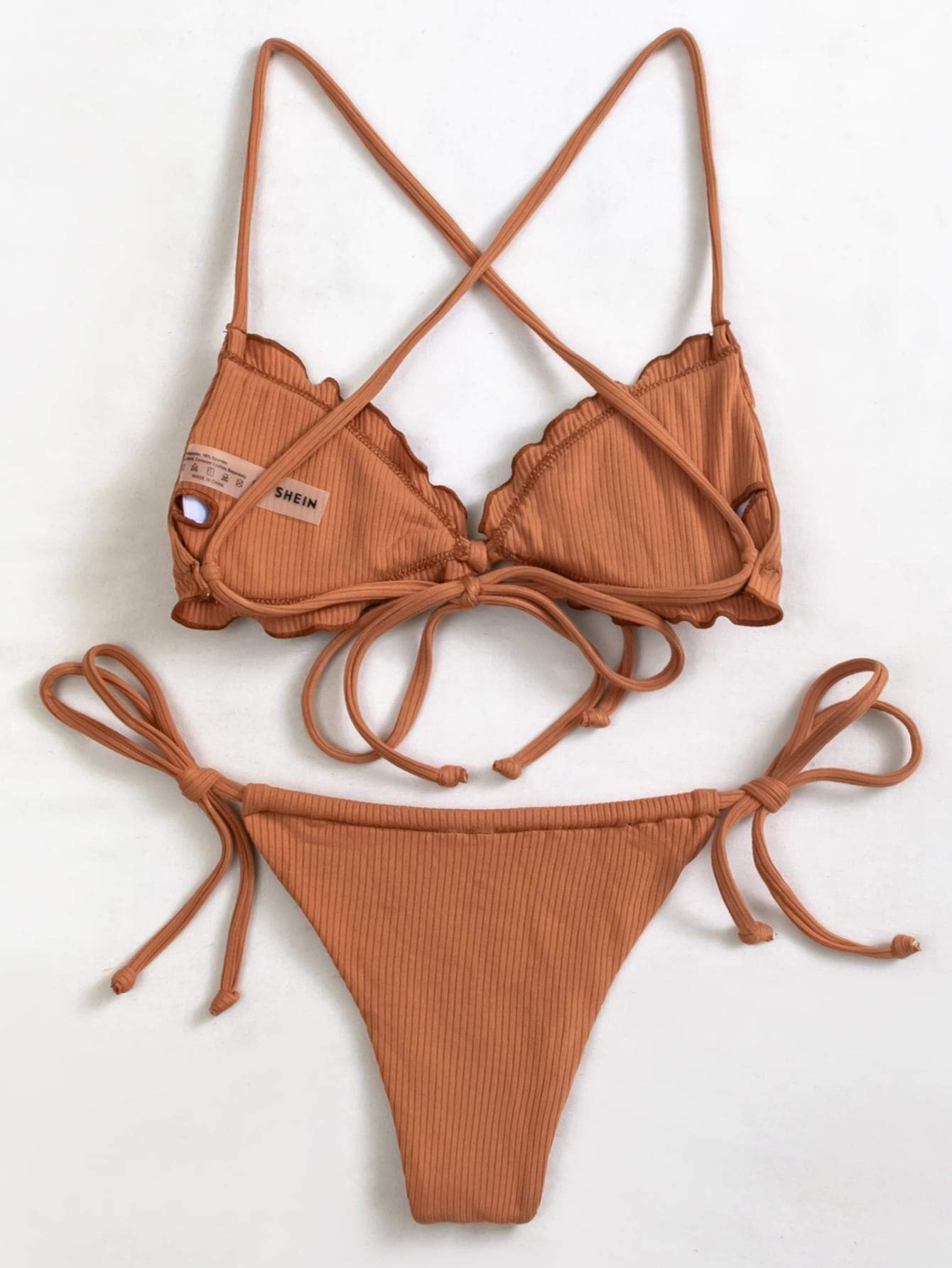 Halter Neck Rib Frill Trim Tie Side Bikini Swimsuit