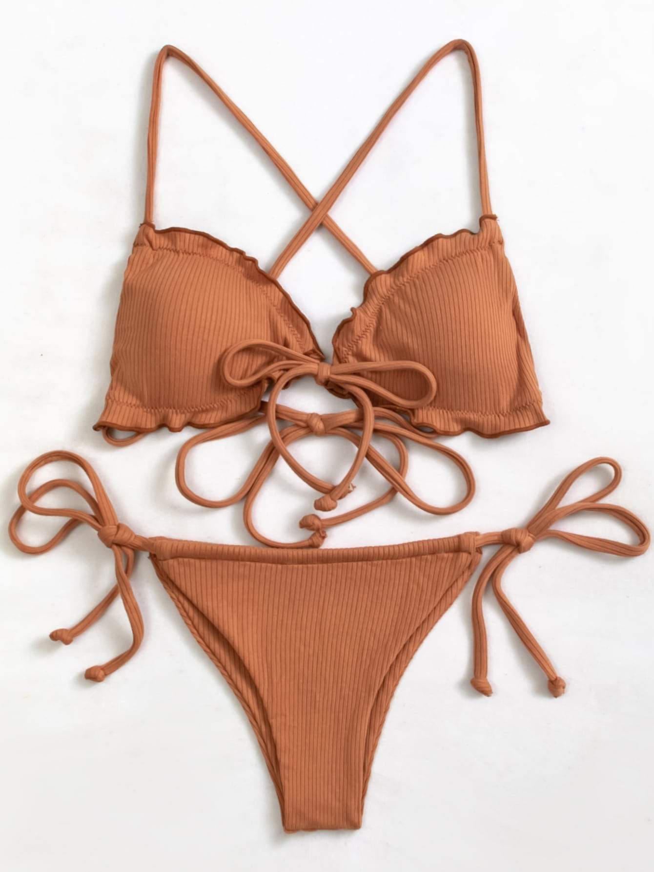 Halter Neck Rib Frill Trim Tie Side Bikini Swimsuit