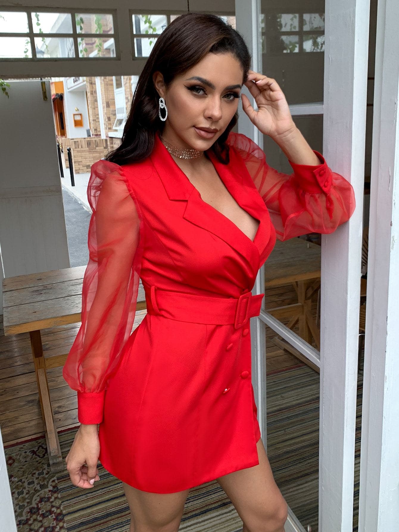 Double Breasted Button Buckle Belted Slim Fit Blazer Dress