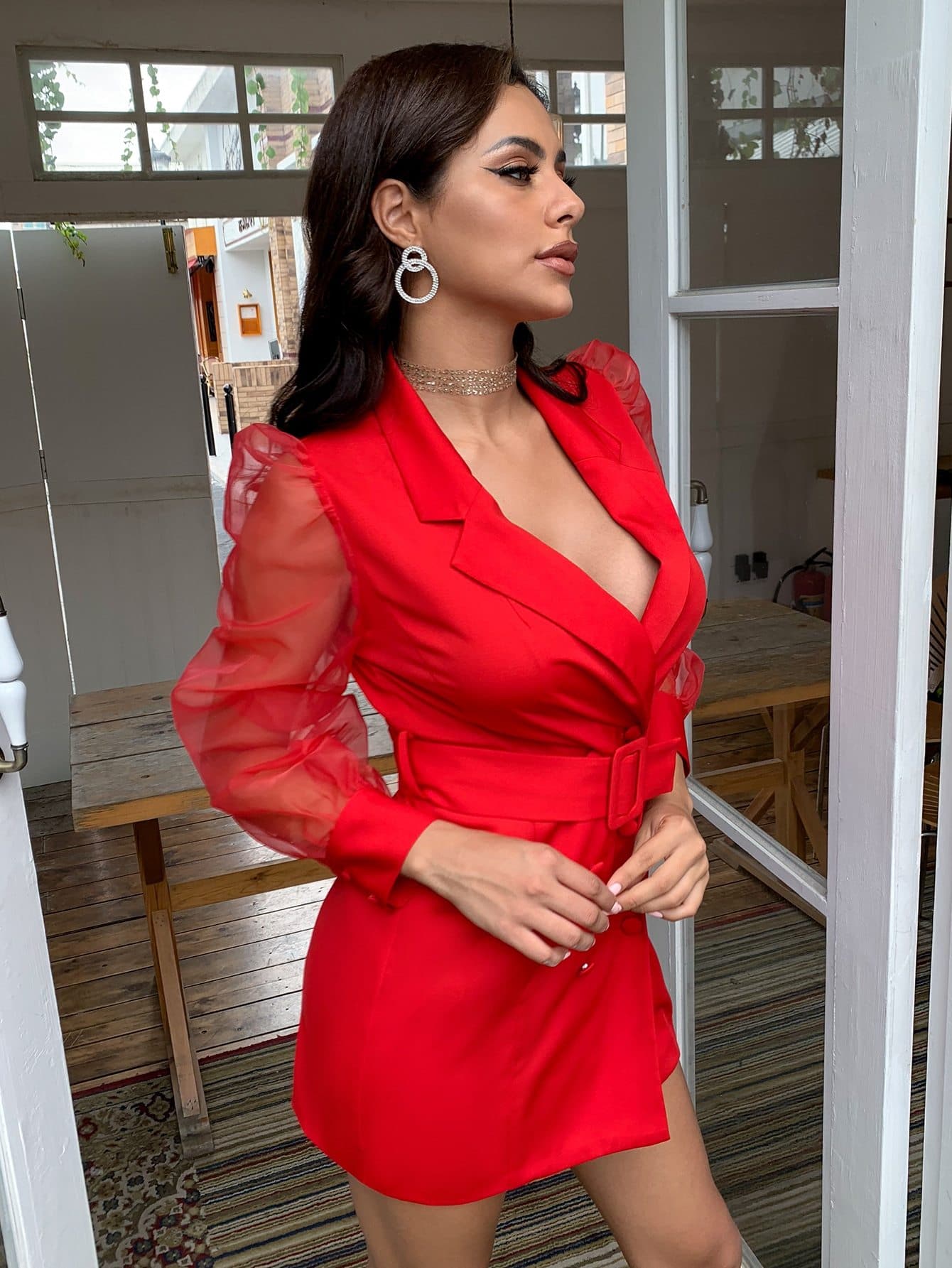 Double Breasted Button Buckle Belted Slim Fit Blazer Dress