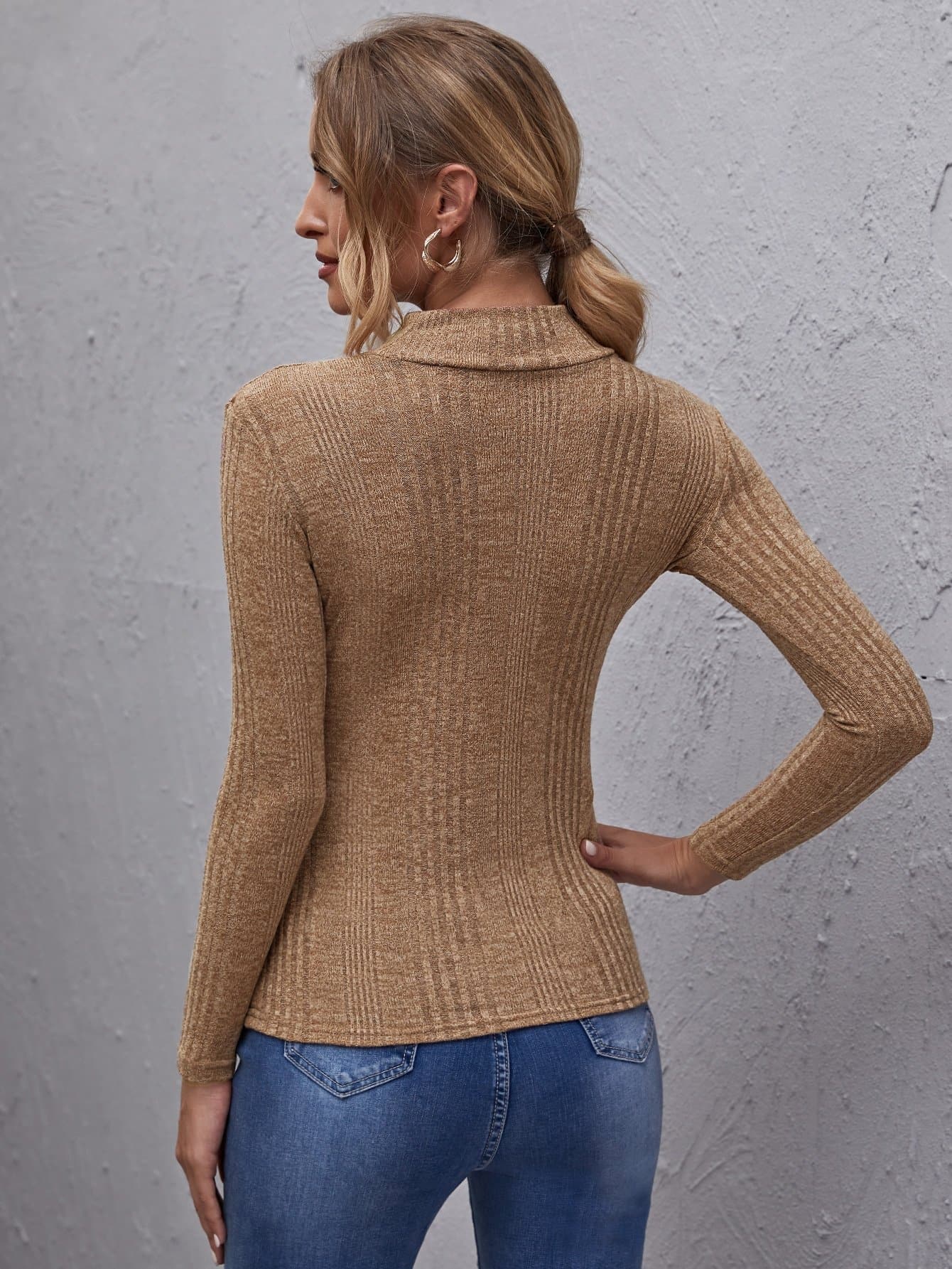 Mocha Brown Stand Collar Mock Neck Rib-knit Slim Fit Top