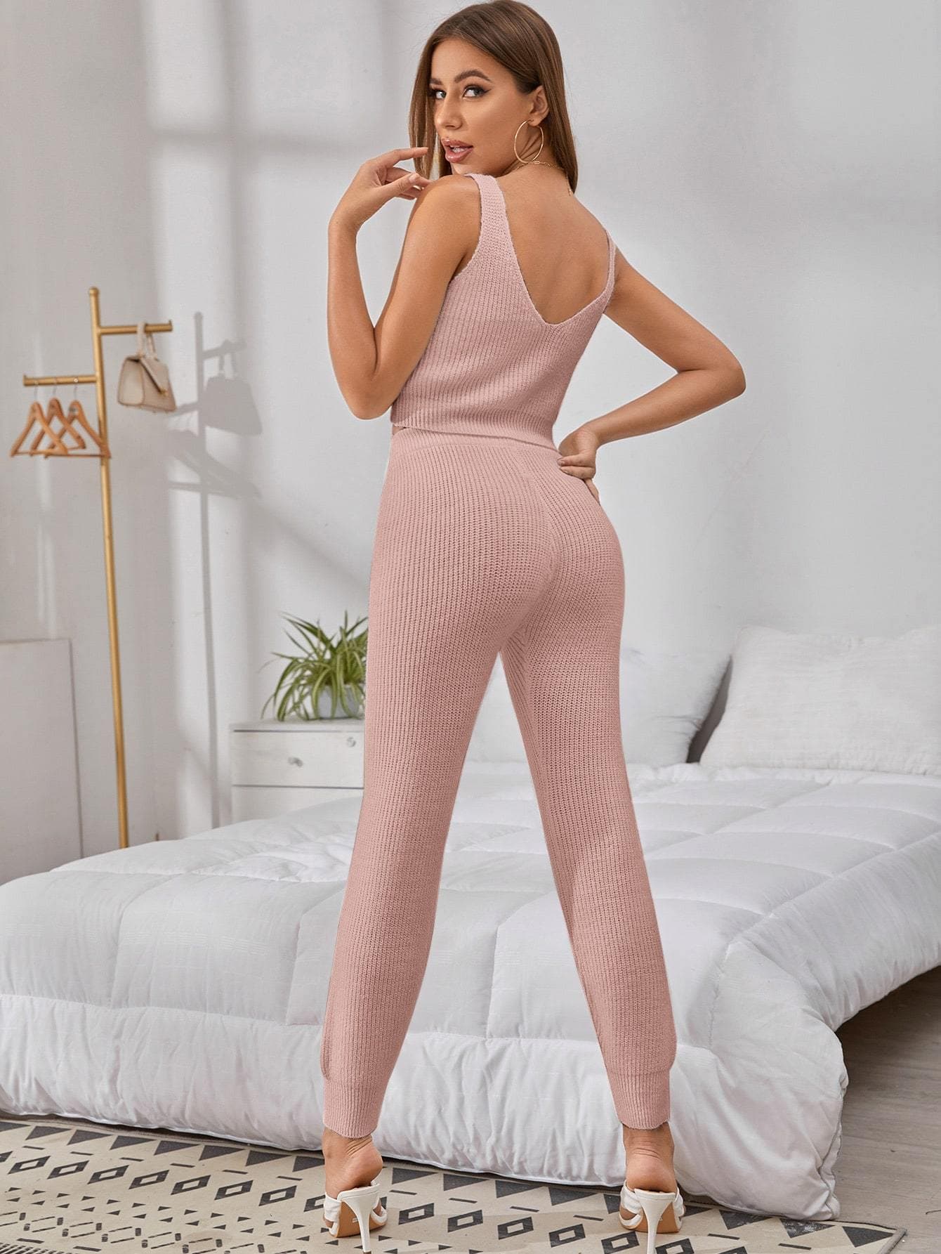 V-Neck Sleeveless Solid Ribbed Knit Lounge Sleepwear Set