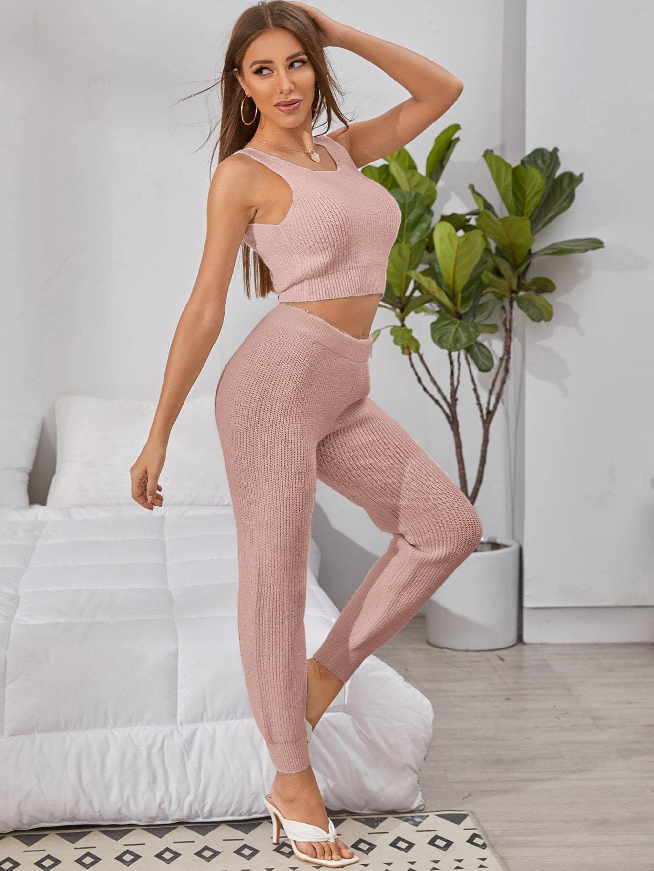 V-Neck Sleeveless Solid Ribbed Knit Lounge Sleepwear Set