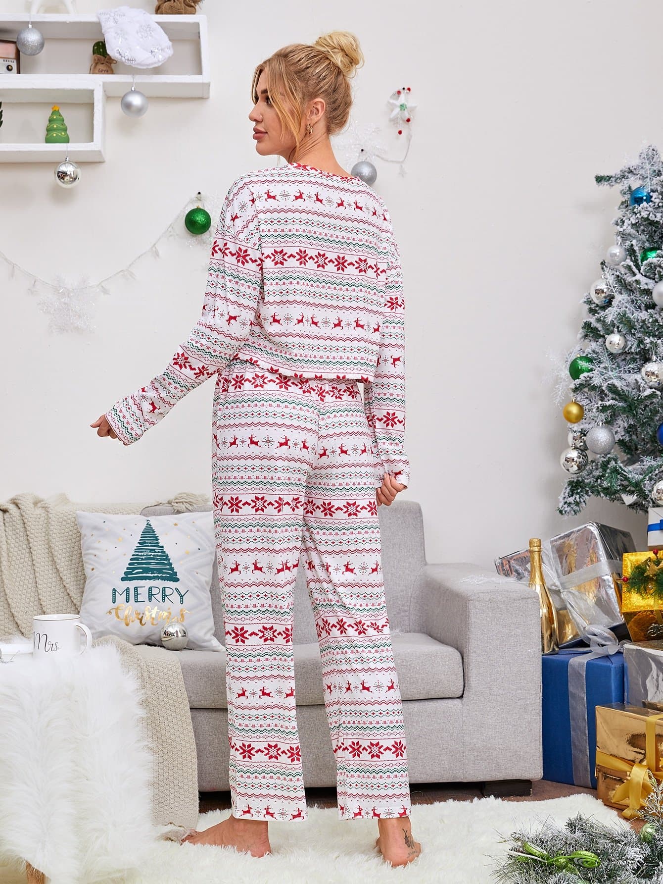 Round Neck Christmas Print Drawstring Hem Sleepwear Set