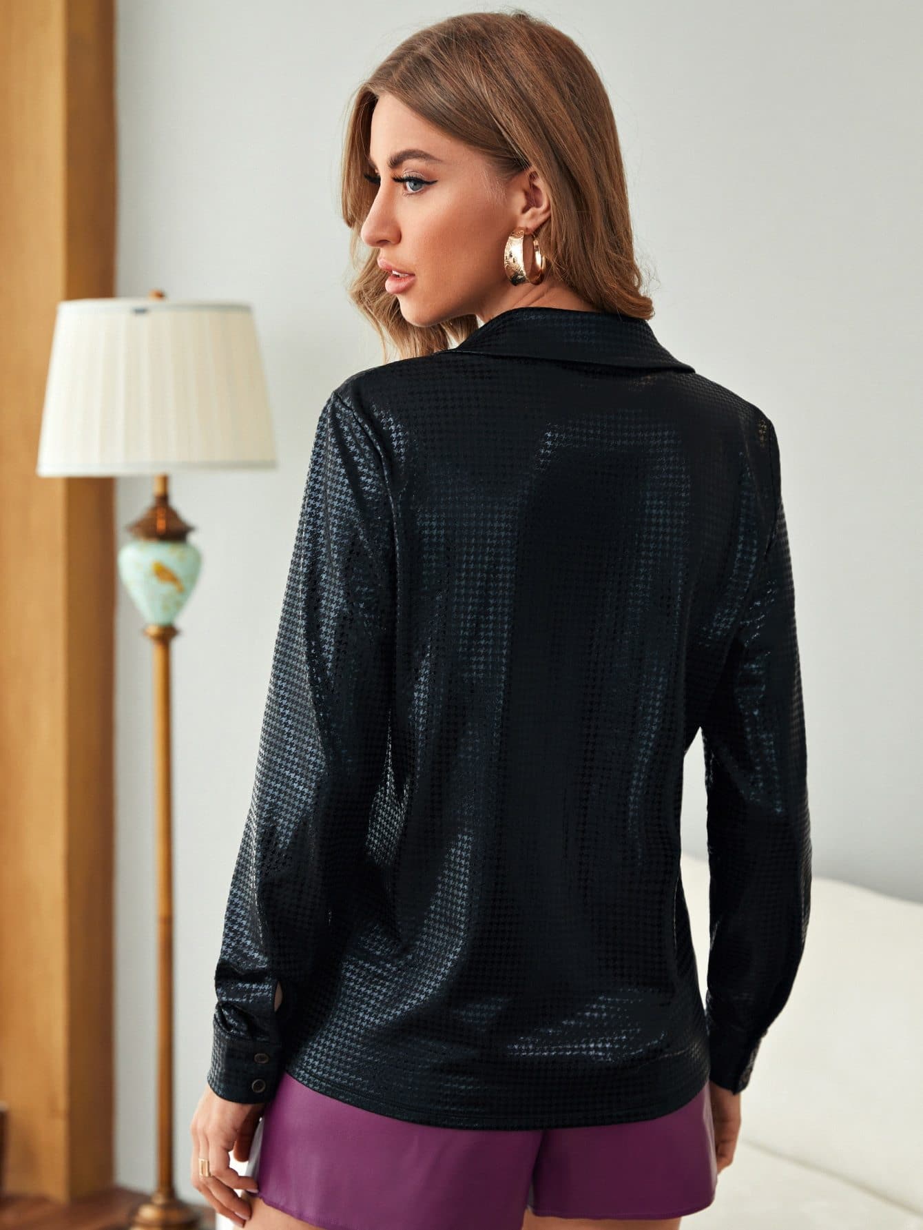 Single Breasted Houndstooth PU Leather Jacket