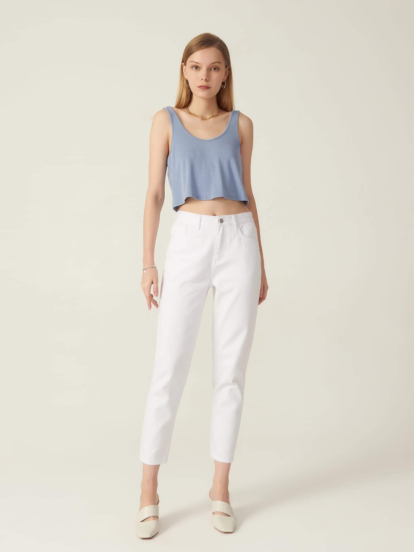White Cotton High Waist Zipper Fly Cropped Jeans