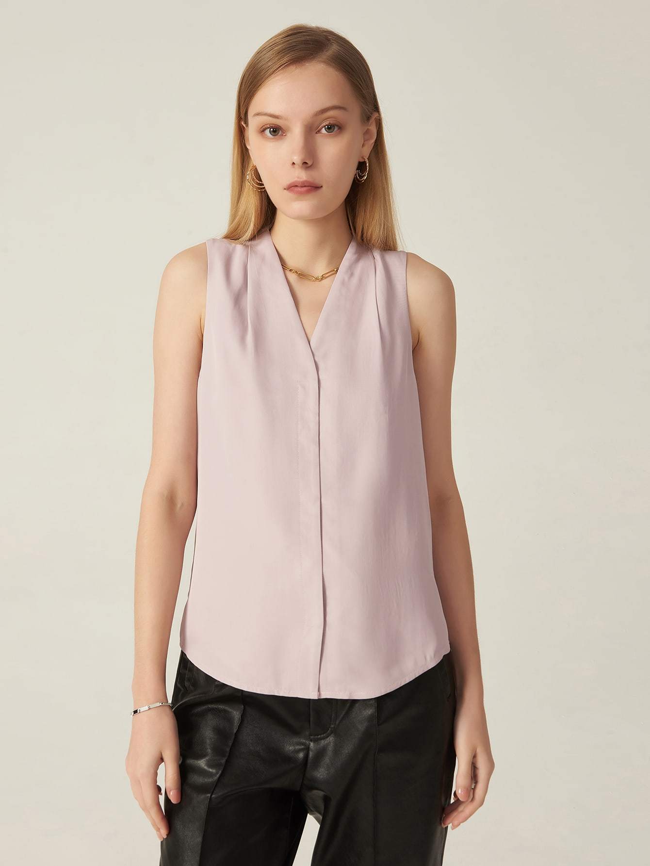 Dusty Purple Sleeveless V-Neck Cotton Blended Fold Pleated Top