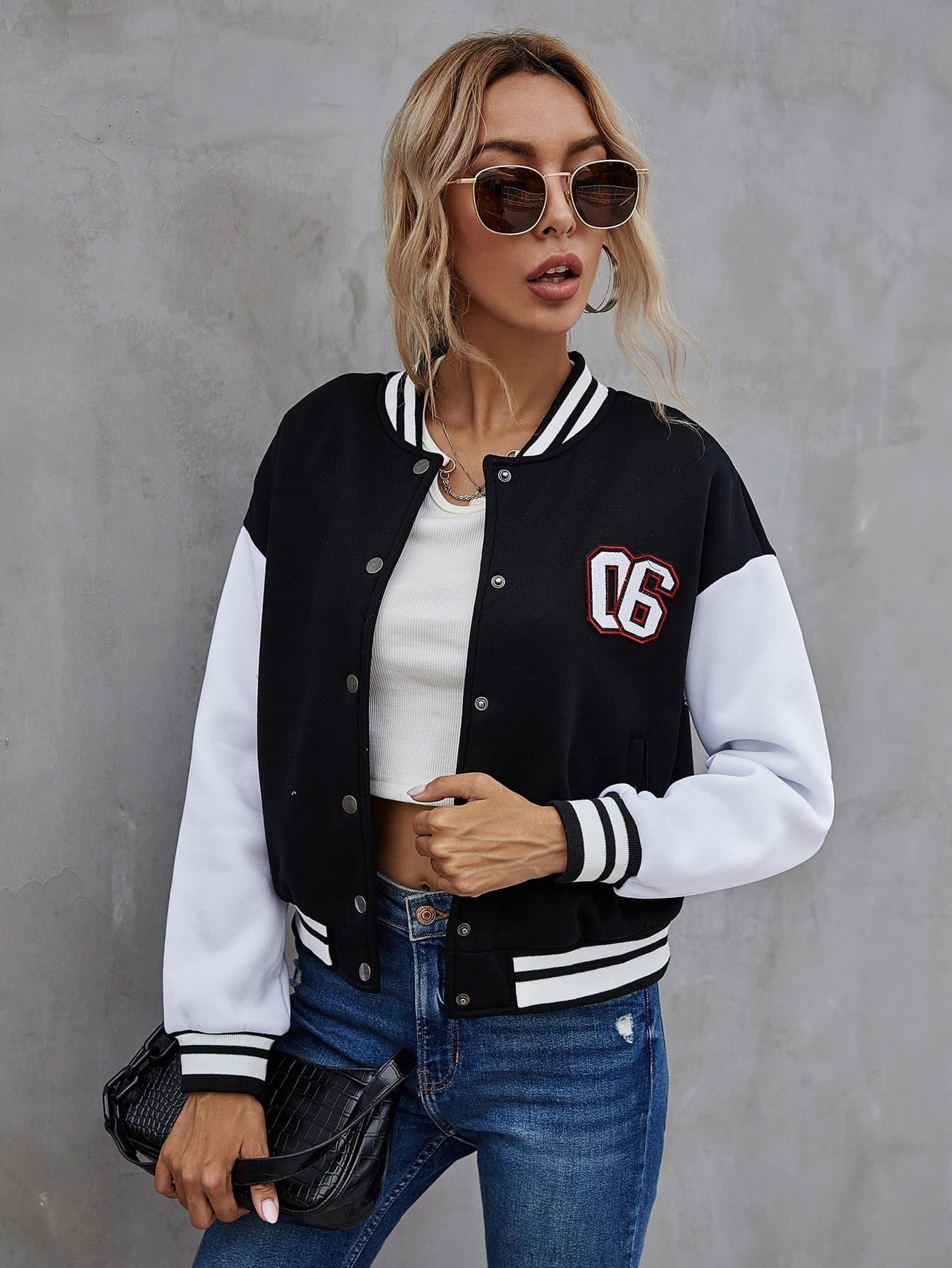 Single Breasted Number Patched Colour Block Drop Shoulder Bomber Jacket