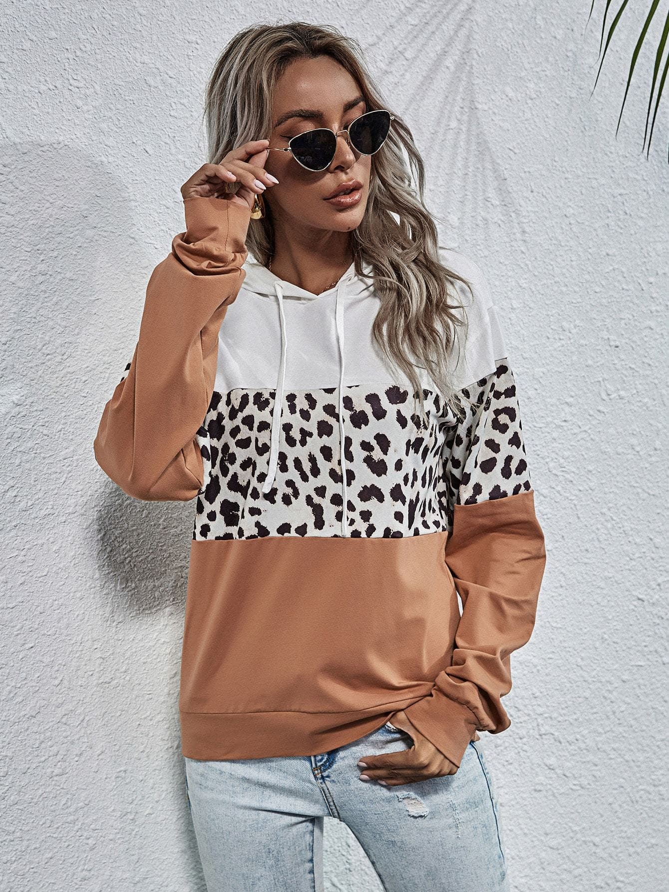 Drop Shoulder Colorblock Leopard Panel Hoodie Sweatshirt