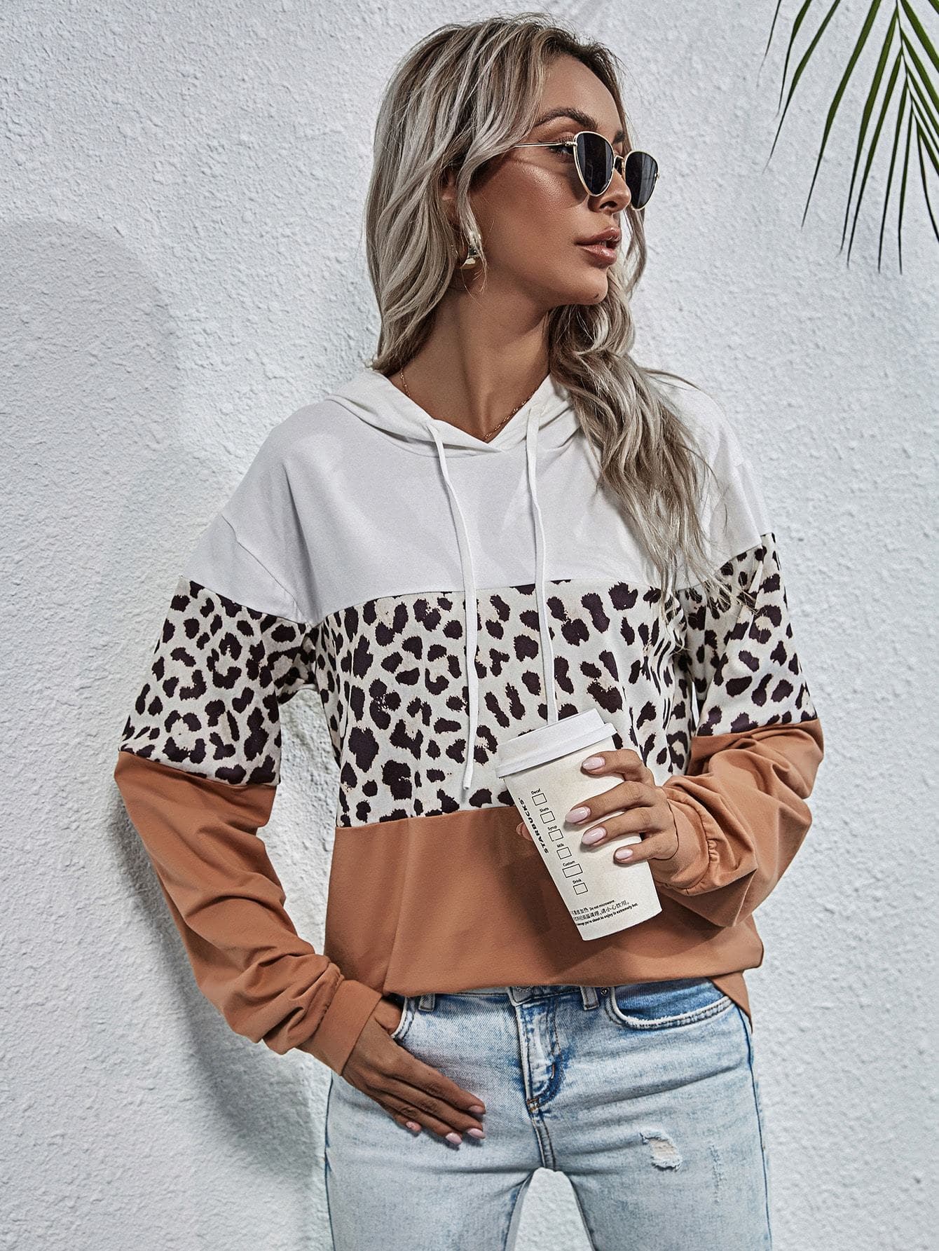 Drop Shoulder Colorblock Leopard Panel Hoodie Sweatshirt