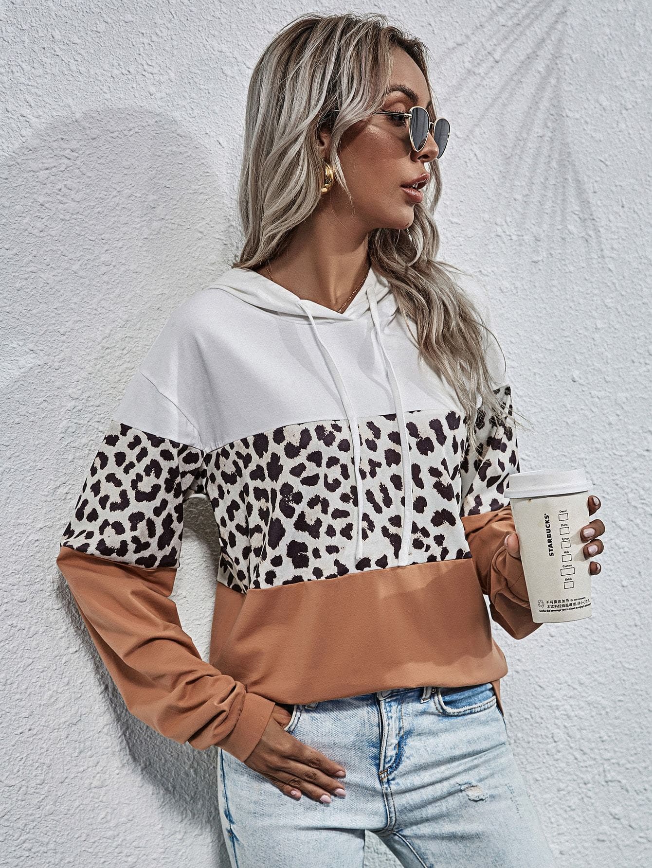 Drop Shoulder Colorblock Leopard Panel Hoodie Sweatshirt