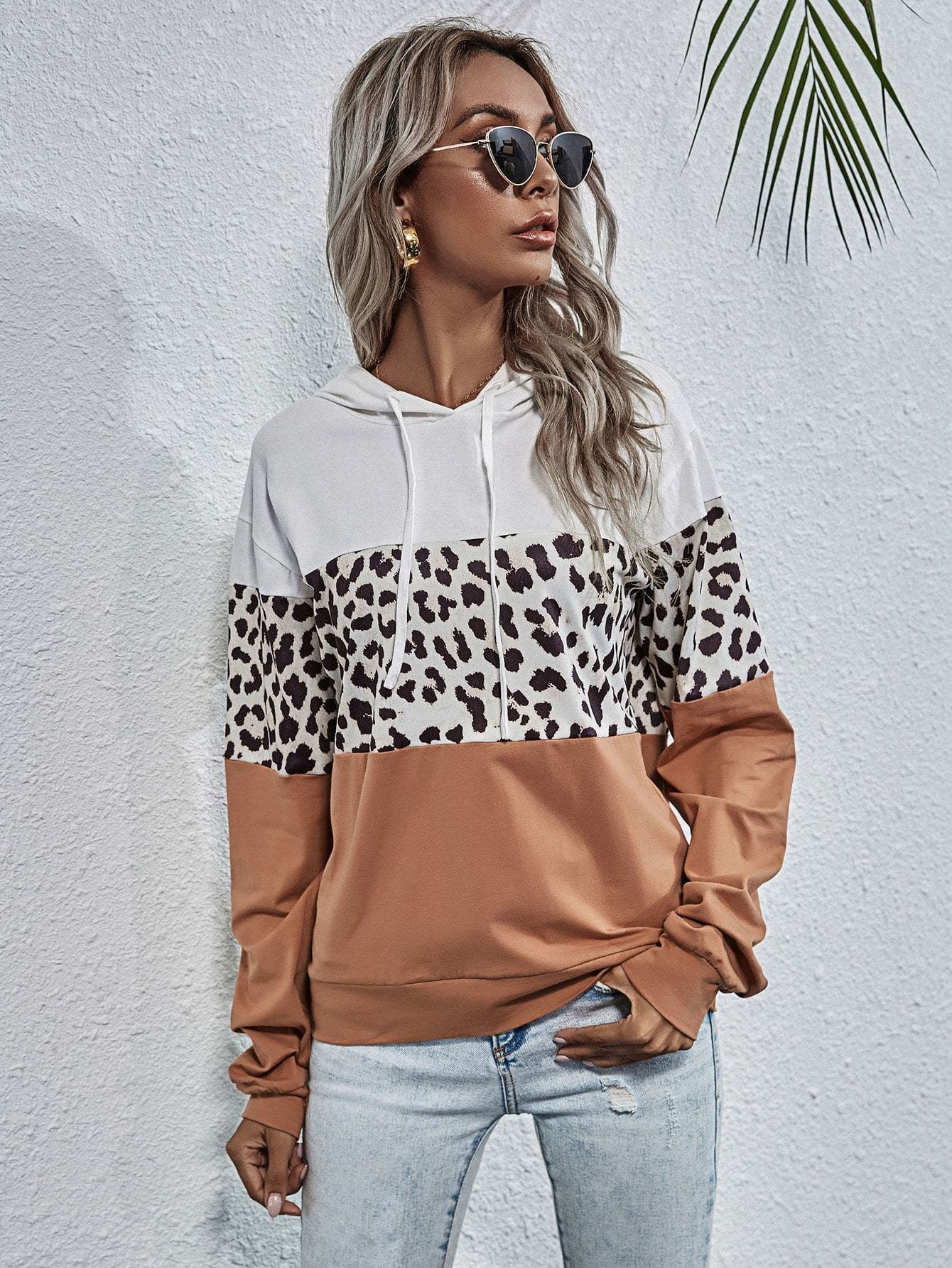 Drop Shoulder Colorblock Leopard Panel Hoodie Sweatshirt