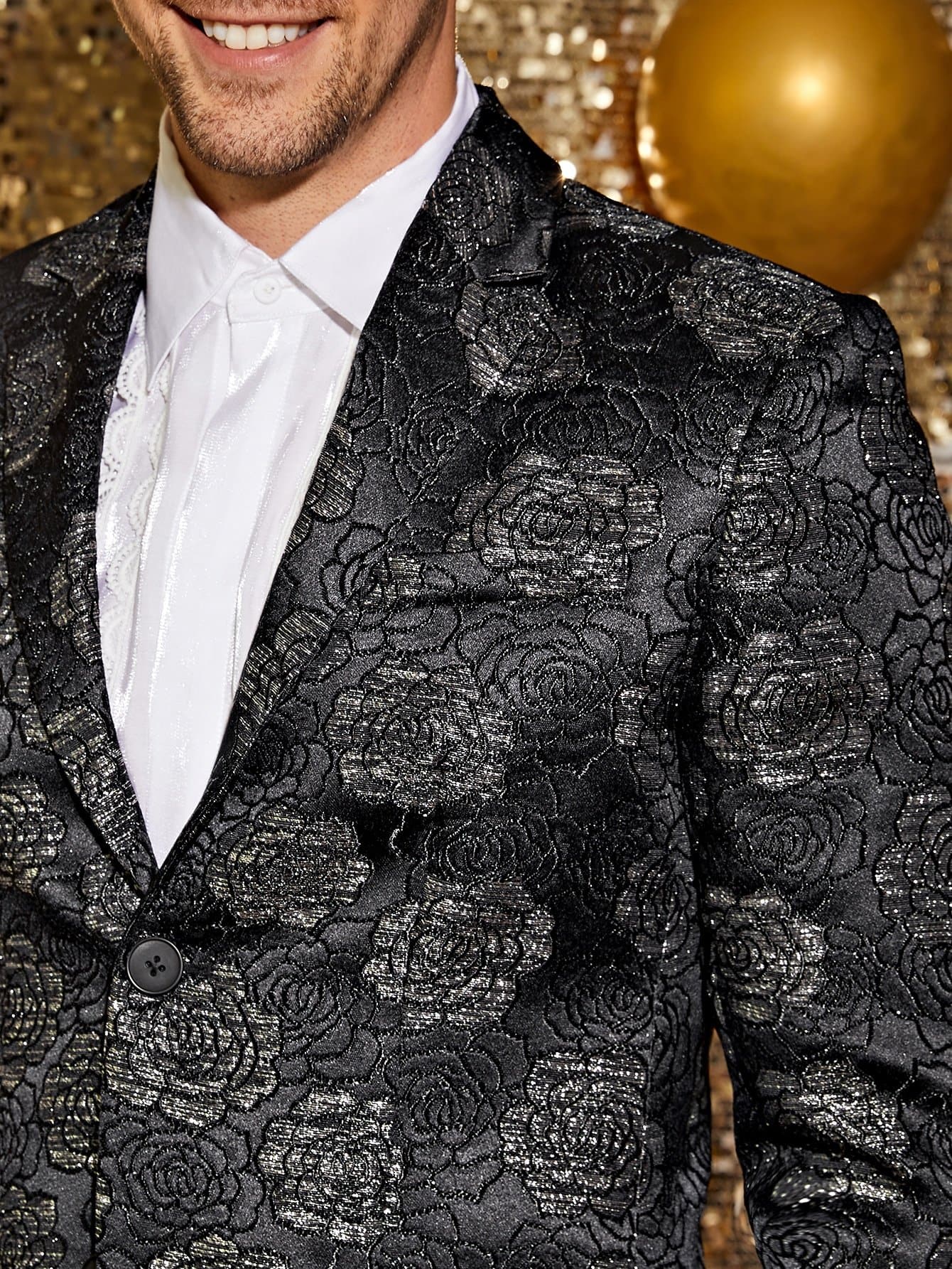 Black Lapel Collar Jacquard Blazer and Trousers Set