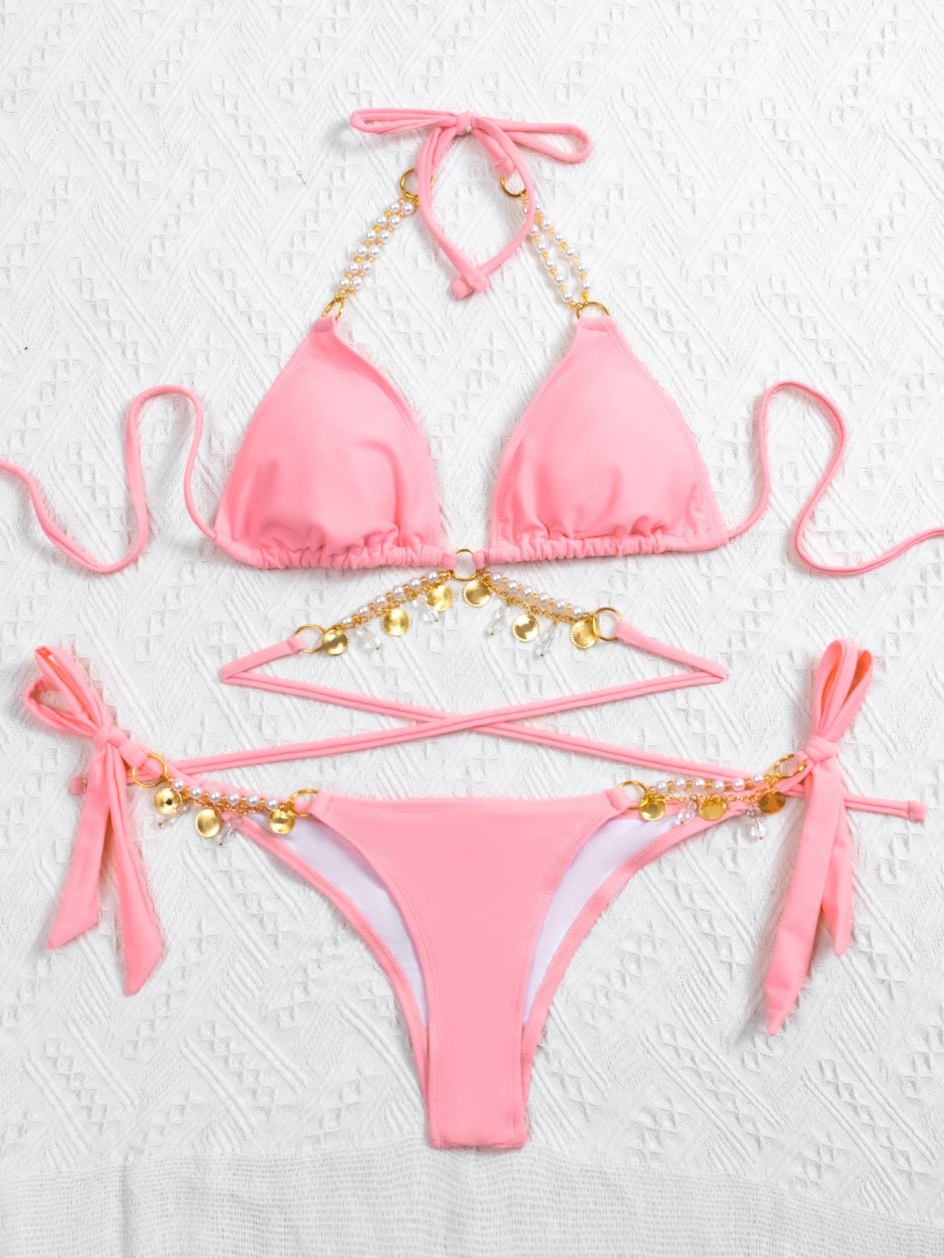 Halter Neck Chain Linked Triangle Tie Side Bikini Swimwear