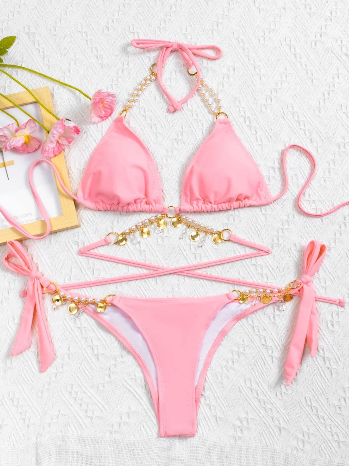 Halter Neck Chain Linked Triangle Tie Side Bikini Swimwear