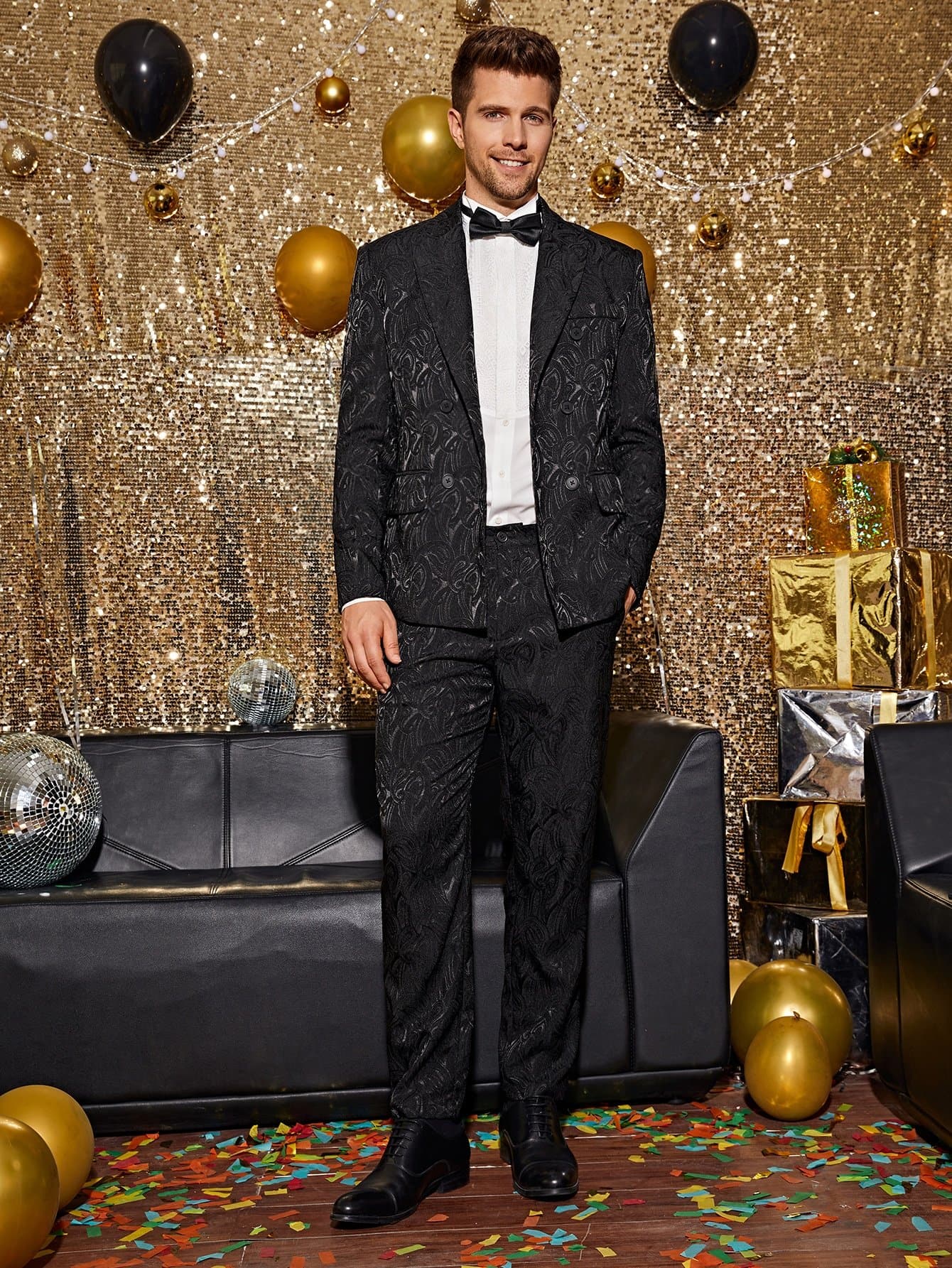 Black Double Breasted Peak Collar Jacquard Blazer