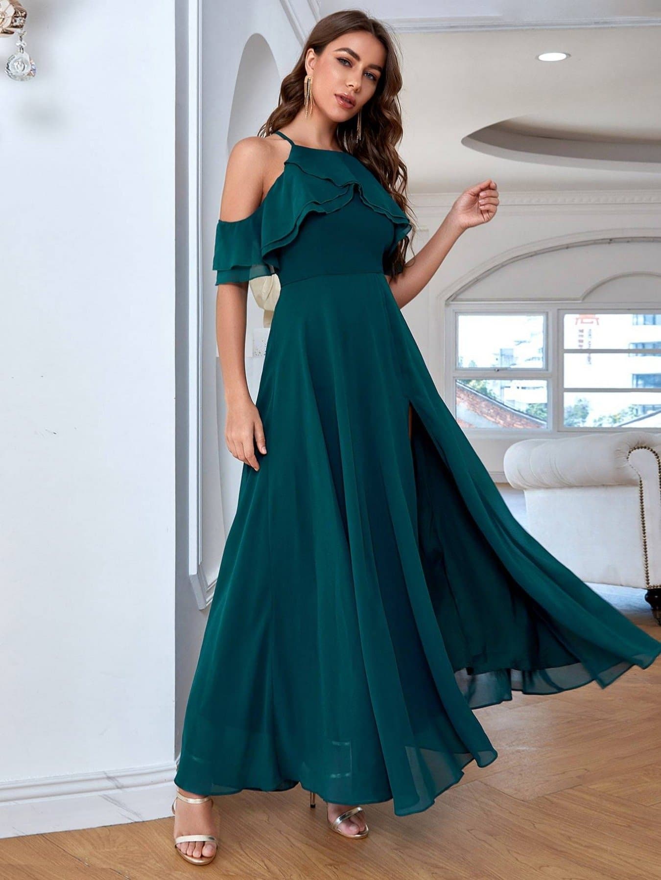 Teal Blue Split Thigh Open Shoulder Ruffle Trim Dress
