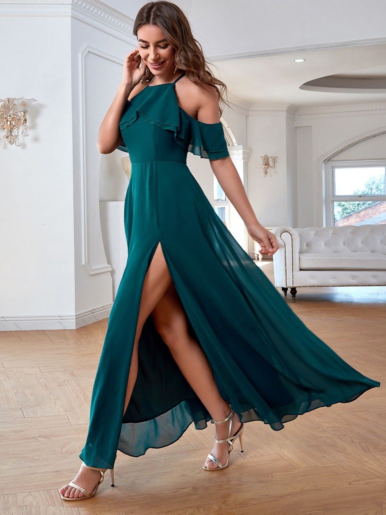 Teal Blue Split Thigh Open Shoulder Ruffle Trim Dress