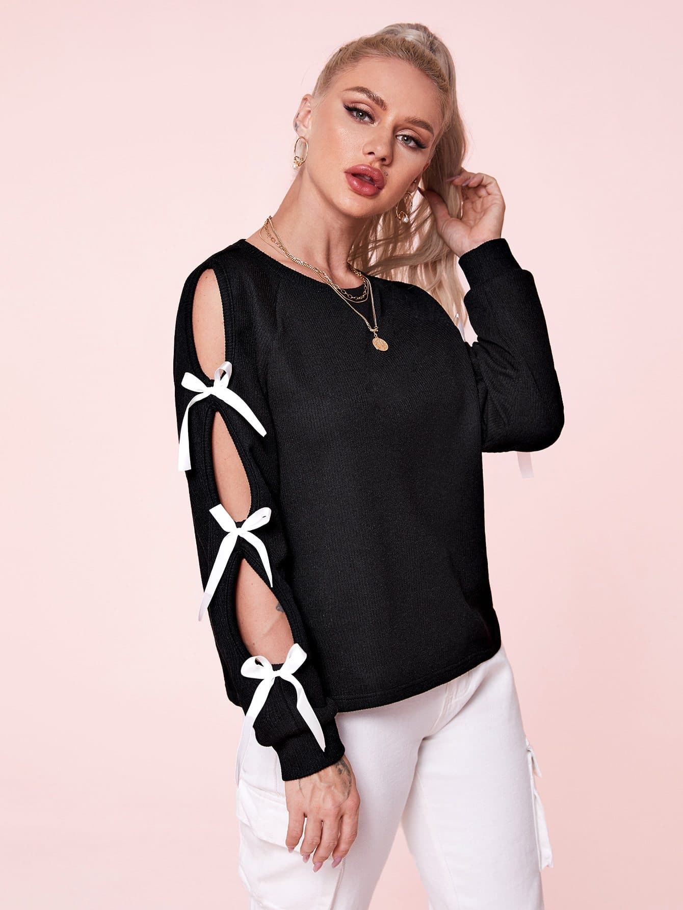 Round Neck Cut Out Sleeve Bow Detail Top